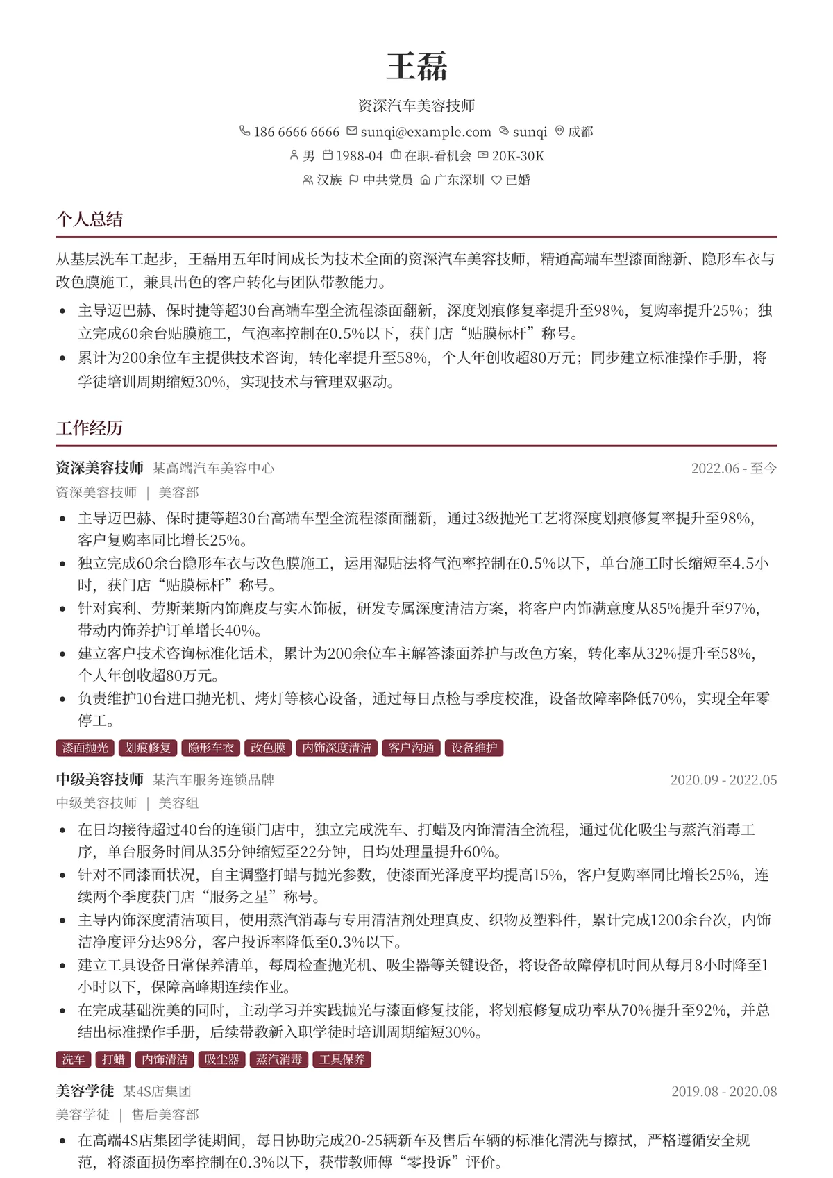 2026年最新资深汽车美容技师简历模板