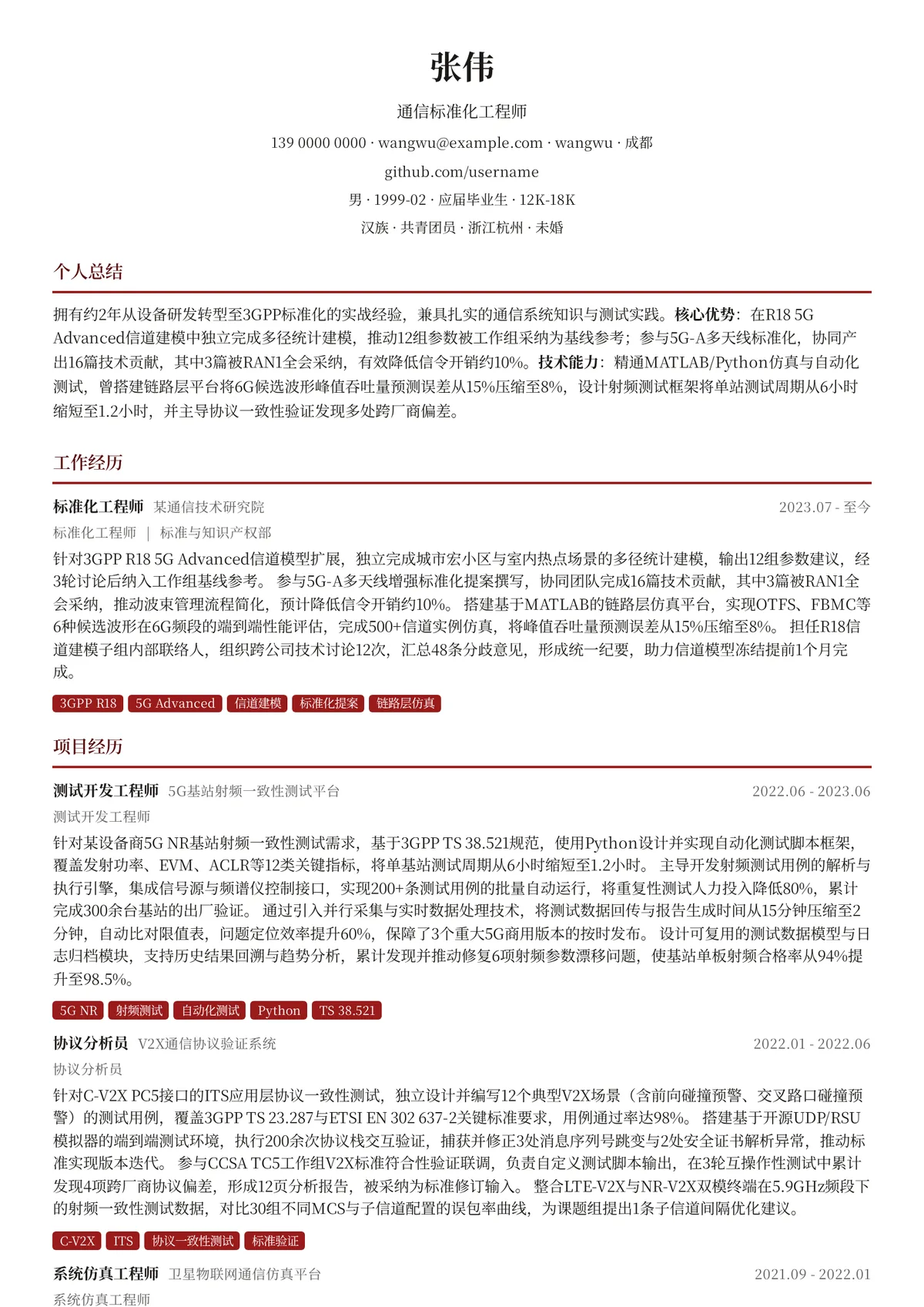 2026年最新初级通信标准化工程师简历模板