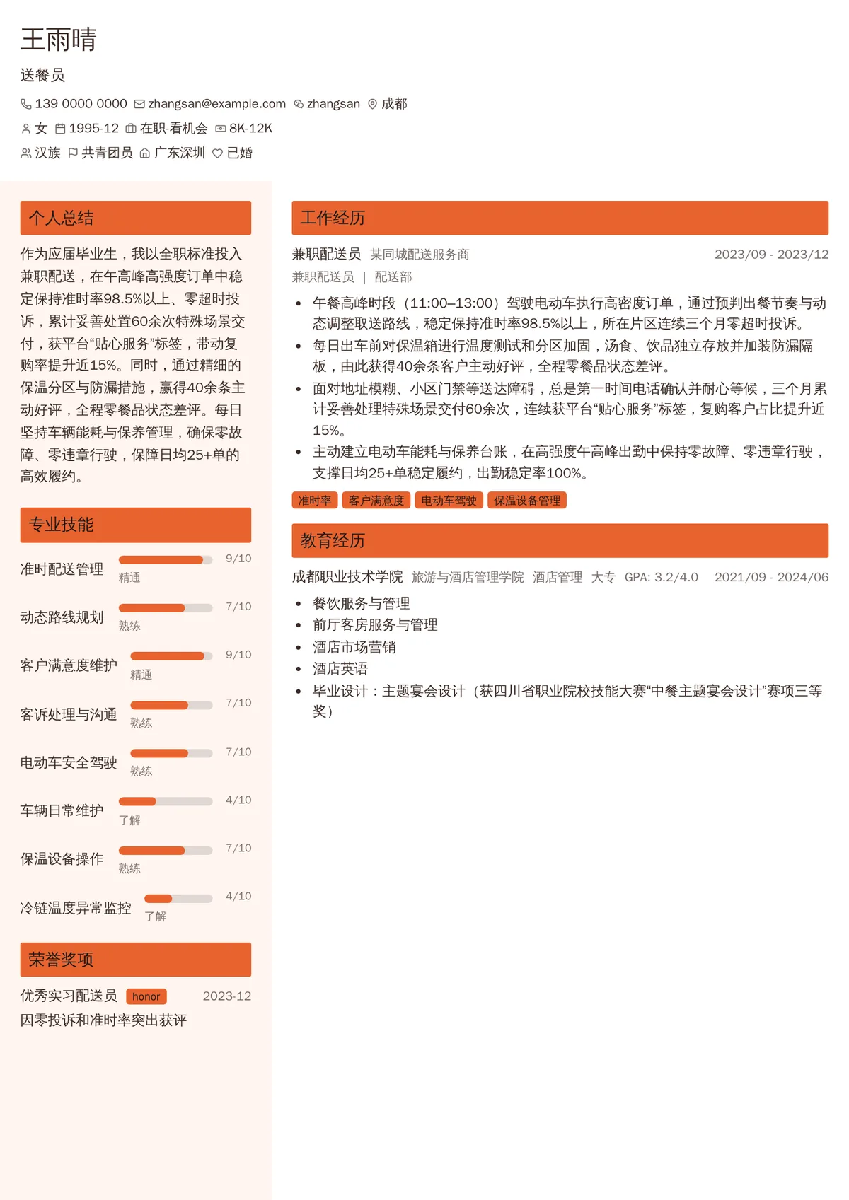 2026年最新送餐员简历模板
