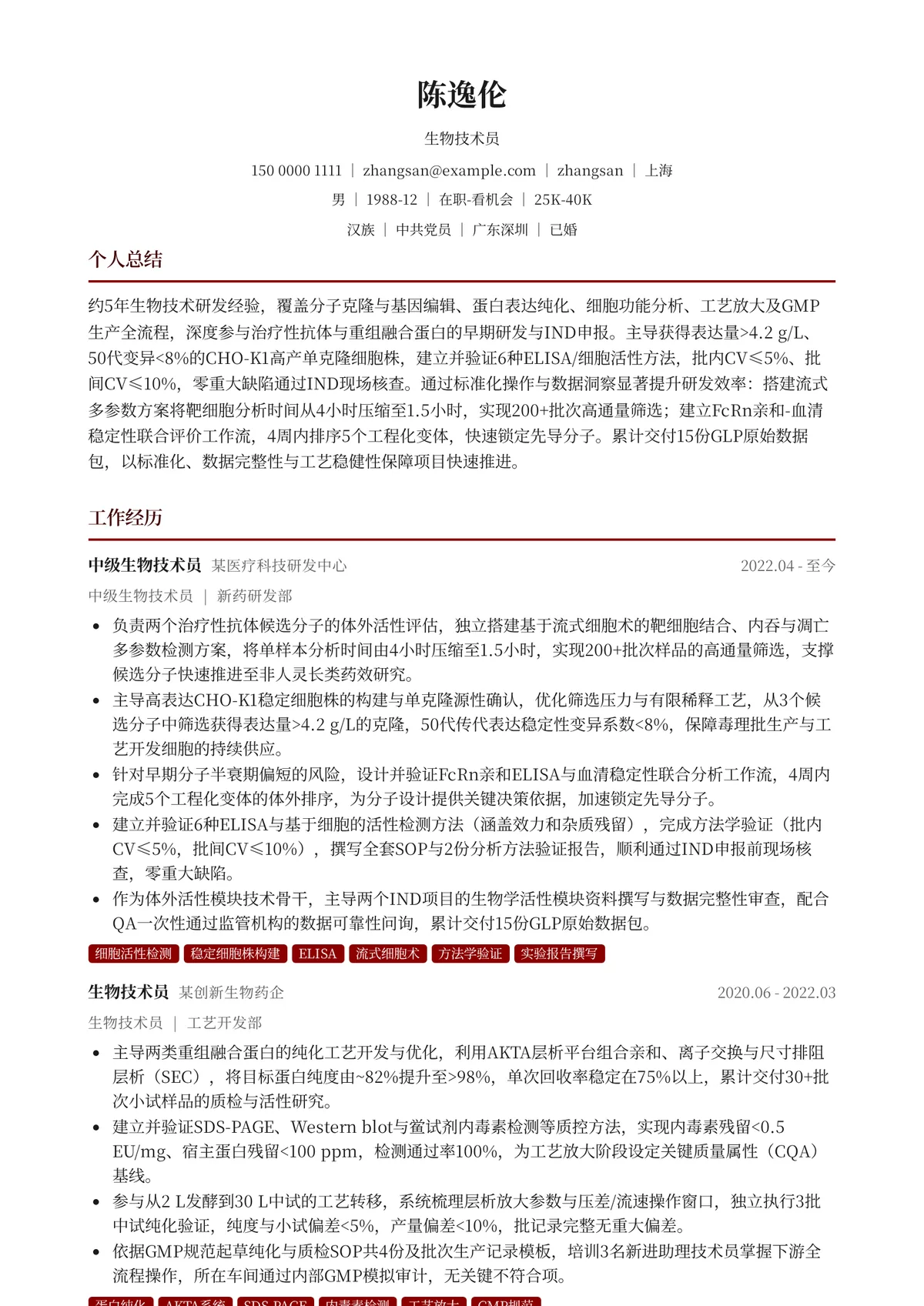 2026年最新资深生物技术员简历模板
