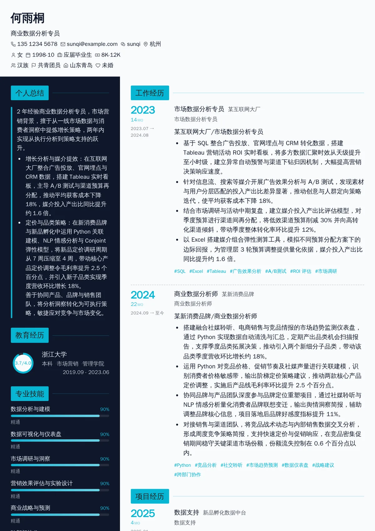 2026年最新初级商业数据分析专员简历模板
