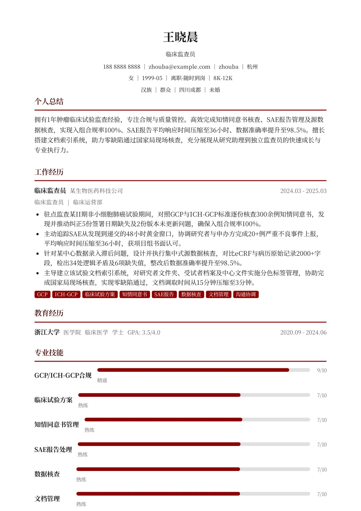 2026年最新初级临床监查员简历模板