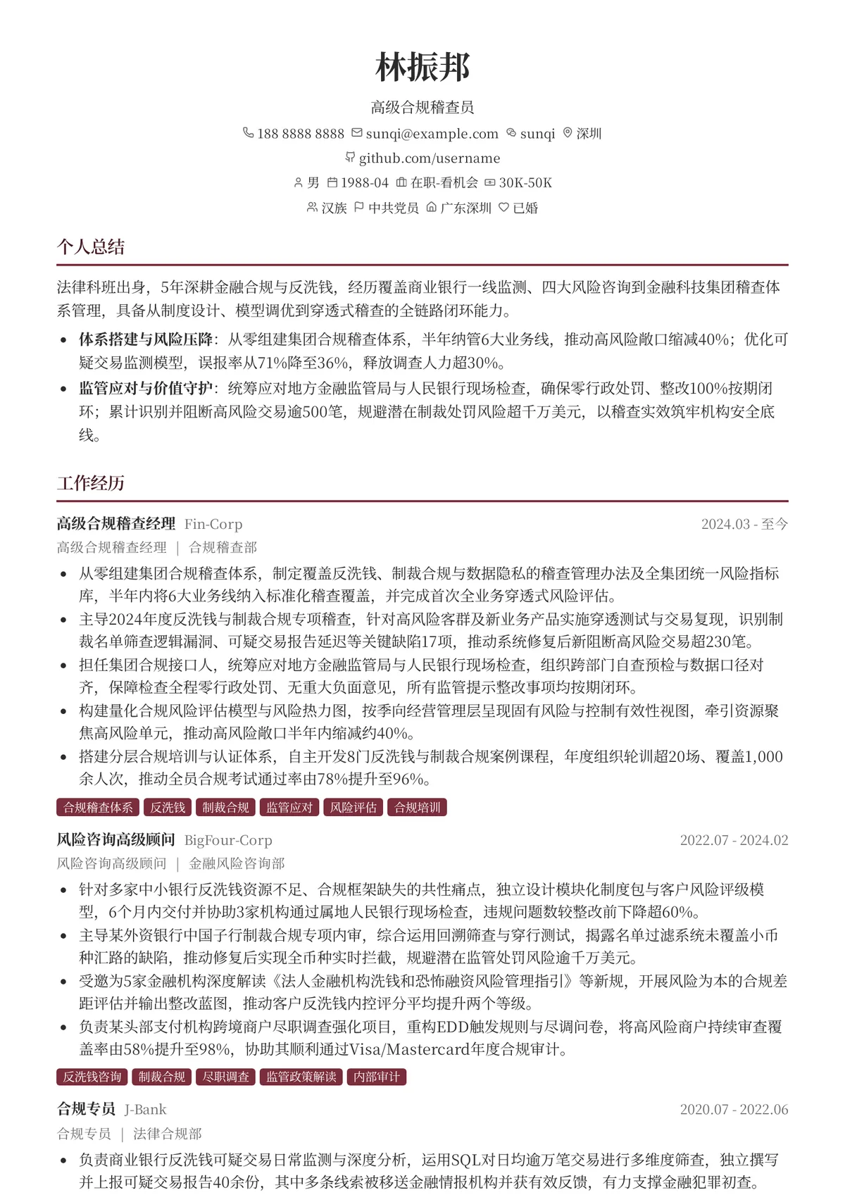 2026年最新高级合规稽查员简历模板