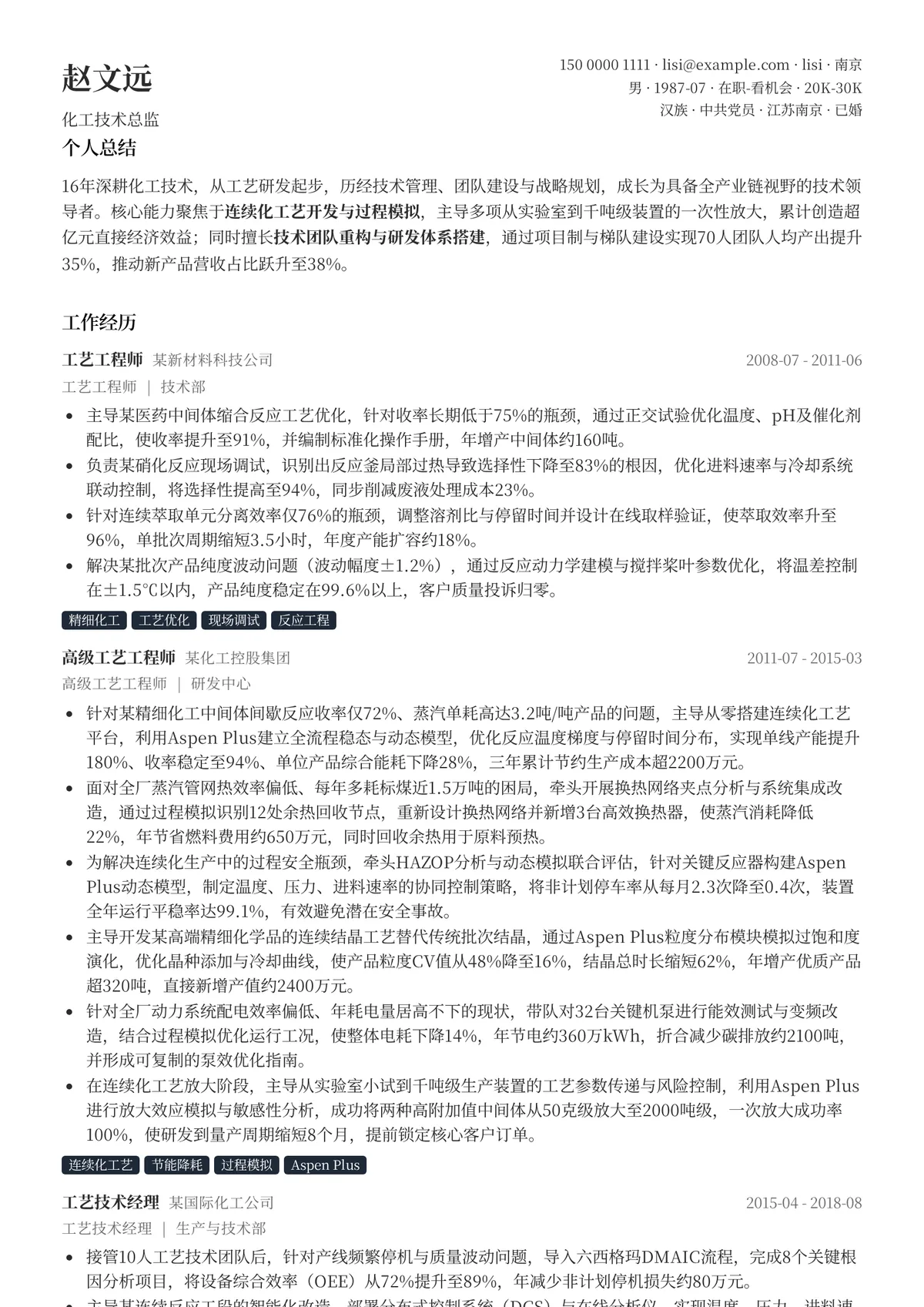 2026年最新化工技术总监简历模板