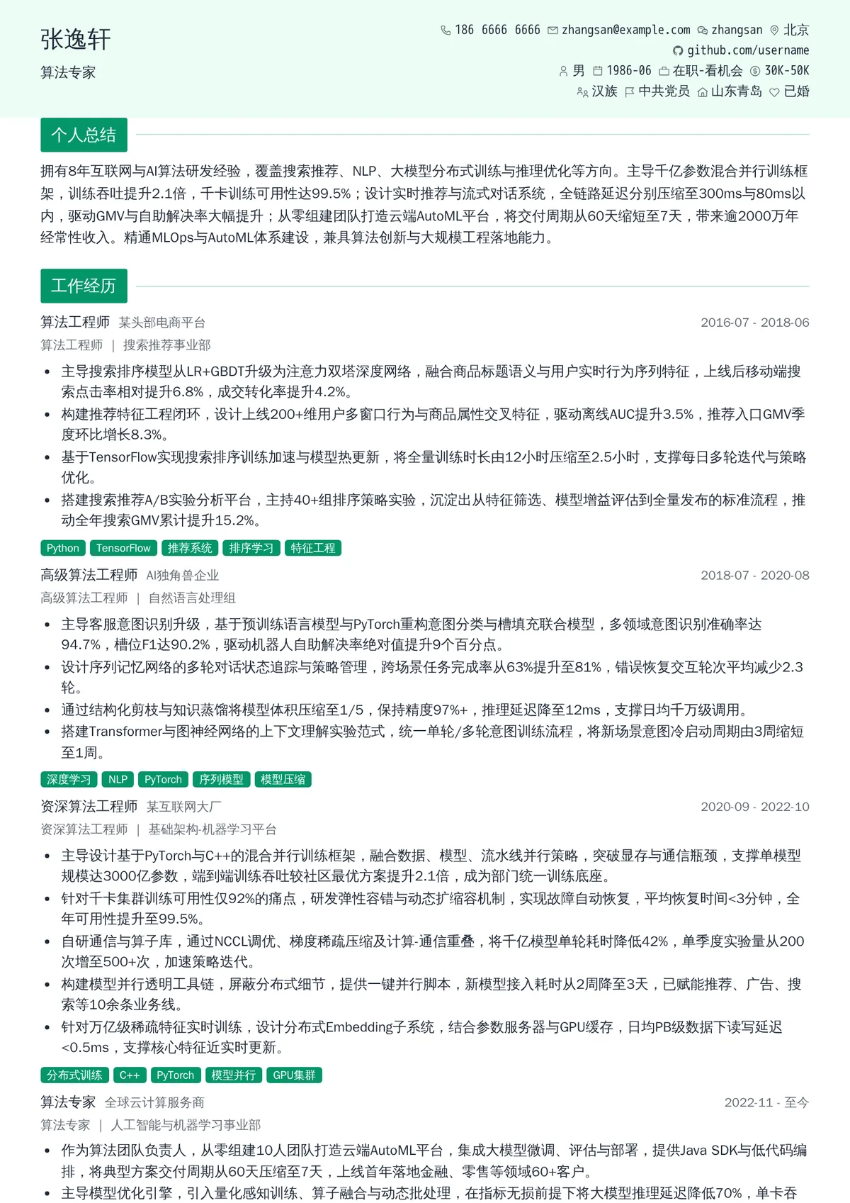 2026年最新算法专家简历模板