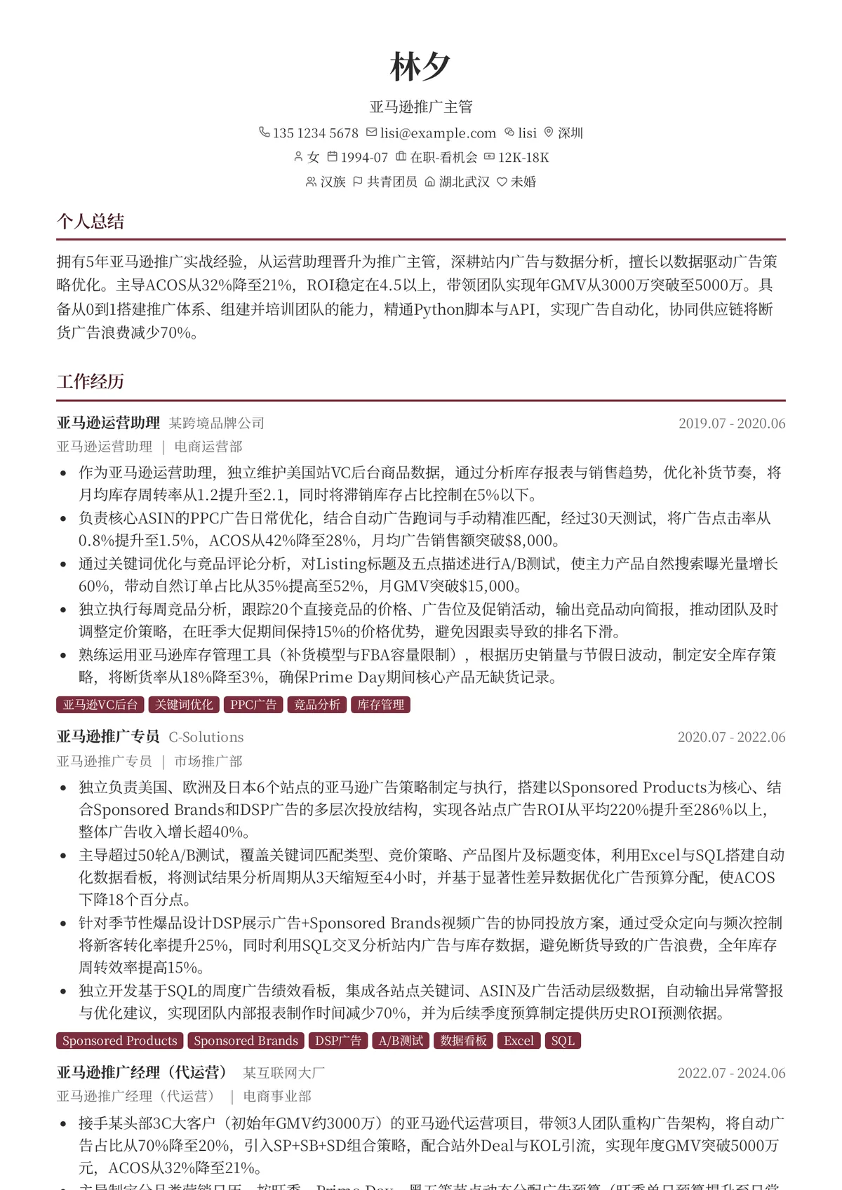 2026年最新亚马逊推广主管简历模板