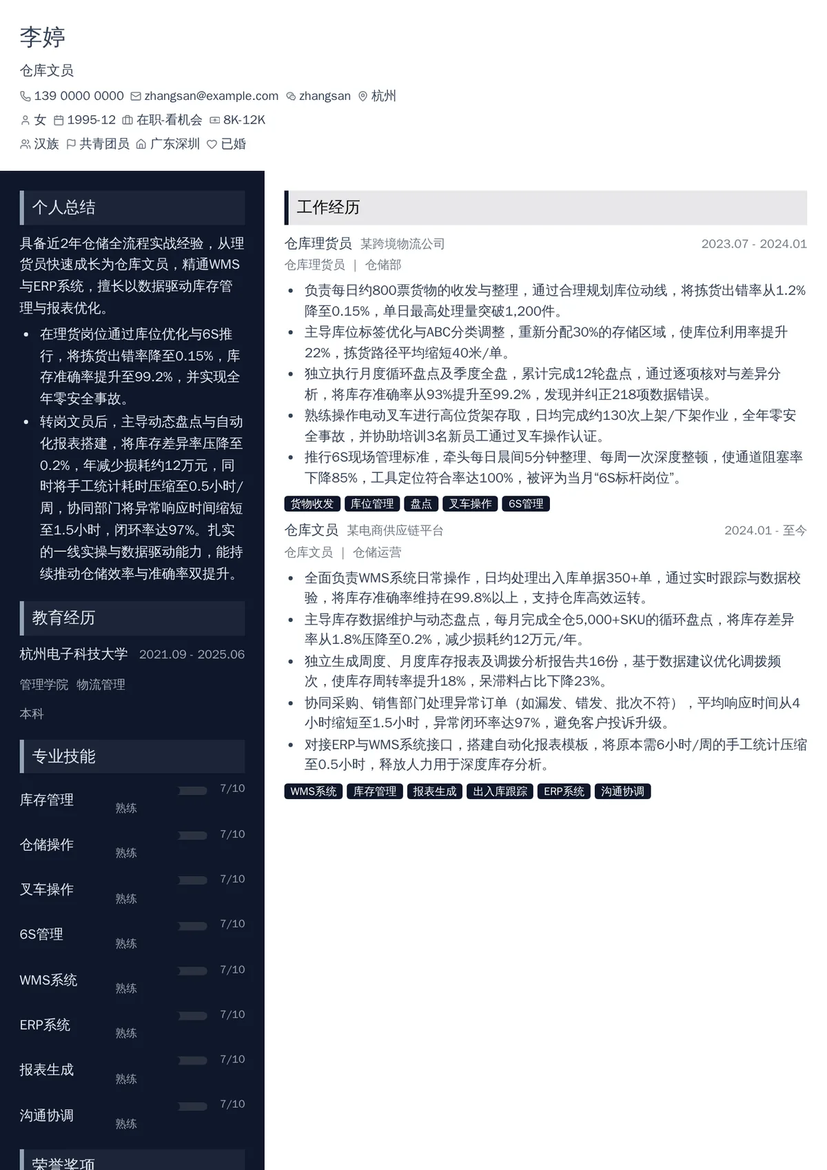 2026年最新仓库文员简历模板