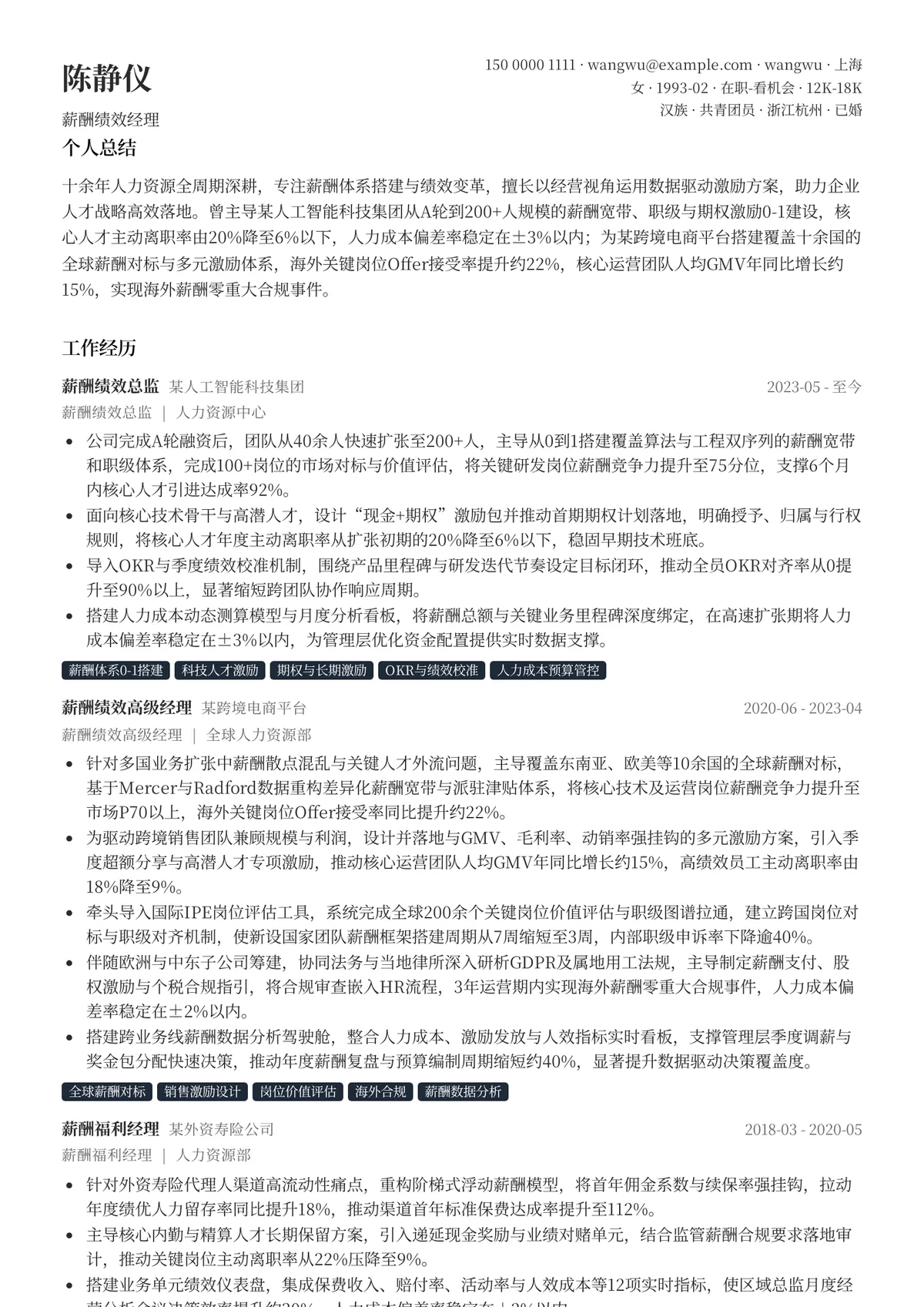 2026年最新薪酬绩效经理简历模板