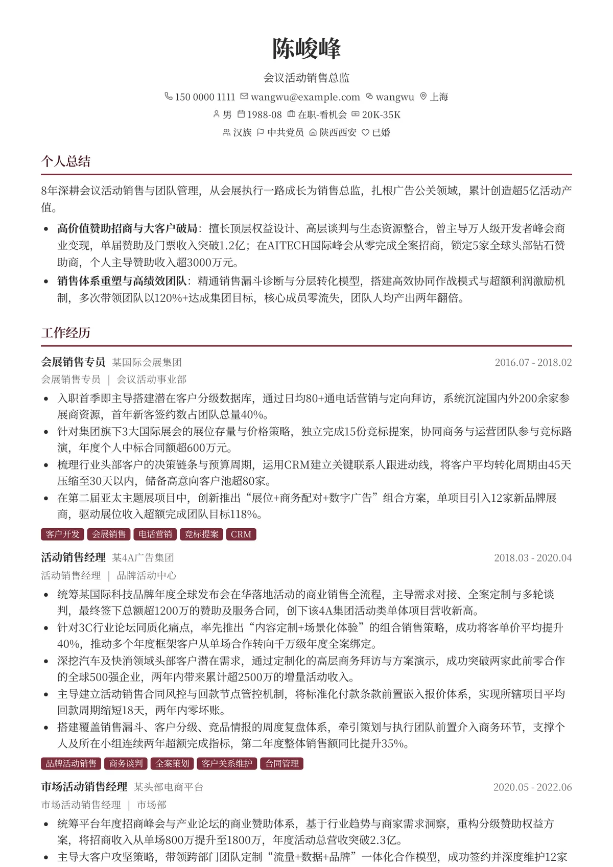 2026年最新会议活动销售总监简历模板