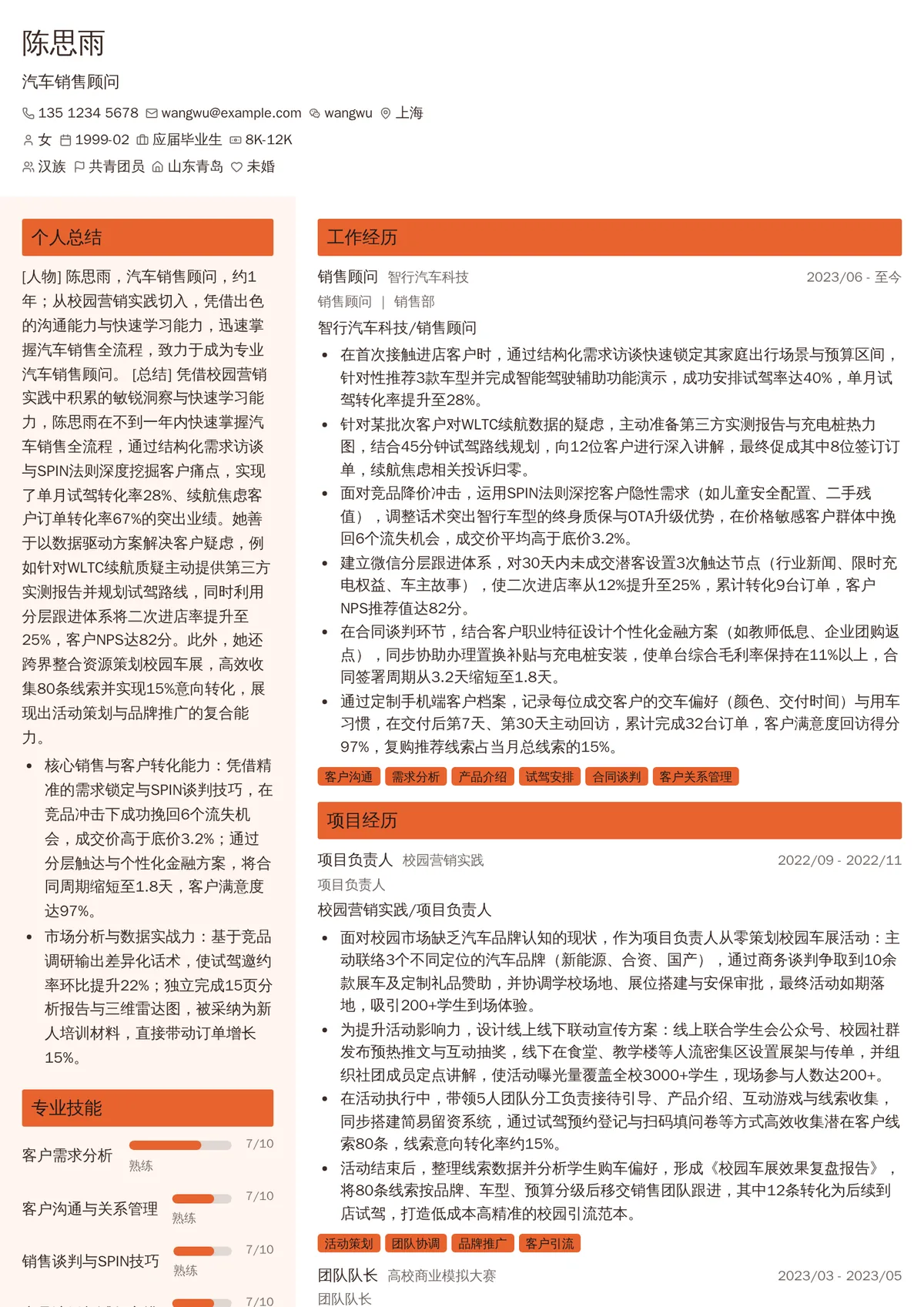2026年最新初级汽车销售顾问简历模板