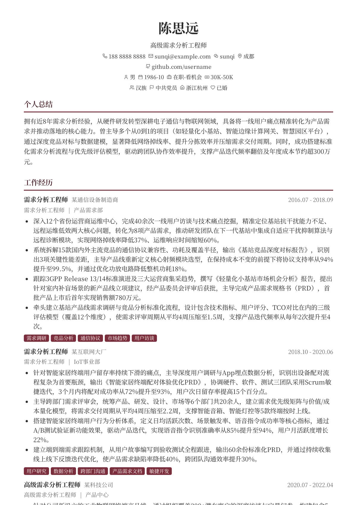 2026年最新高级需求分析工程师简历模板
