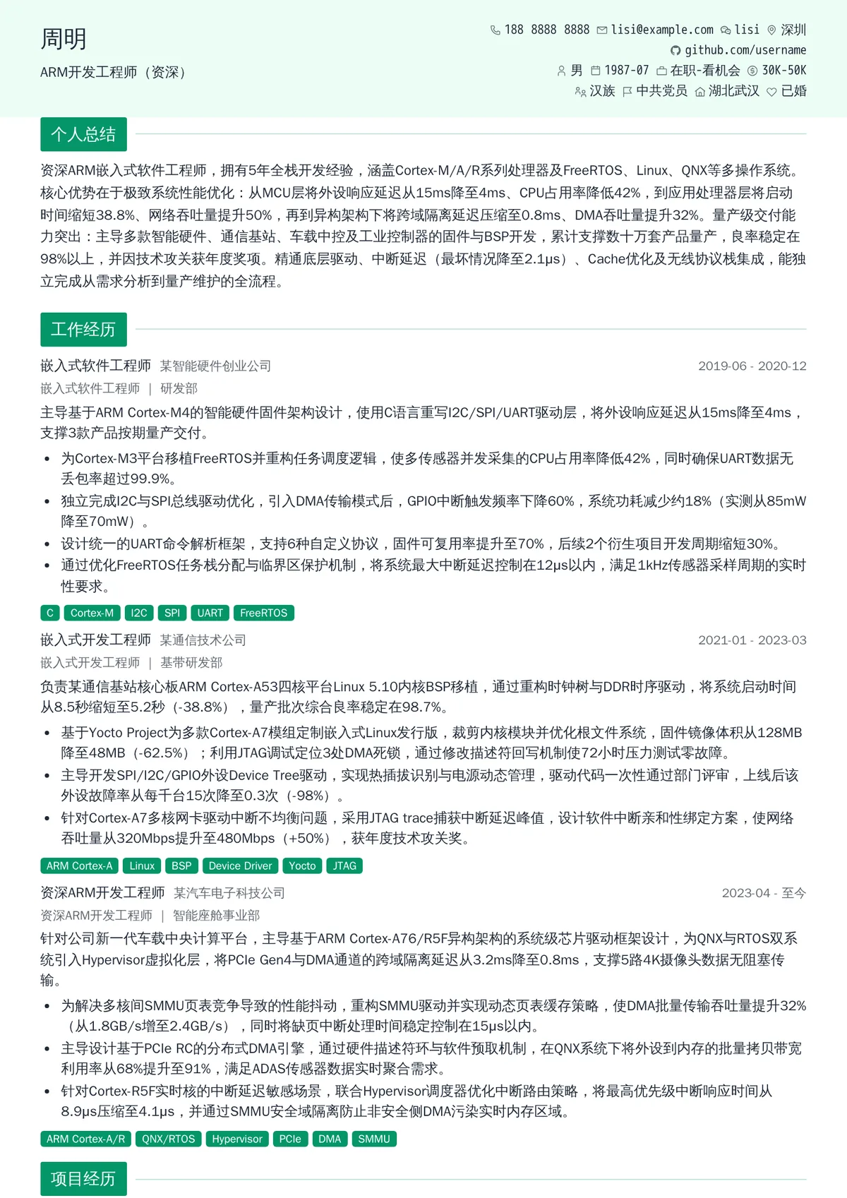 2026年最新ARM开发工程师（资深）简历模板