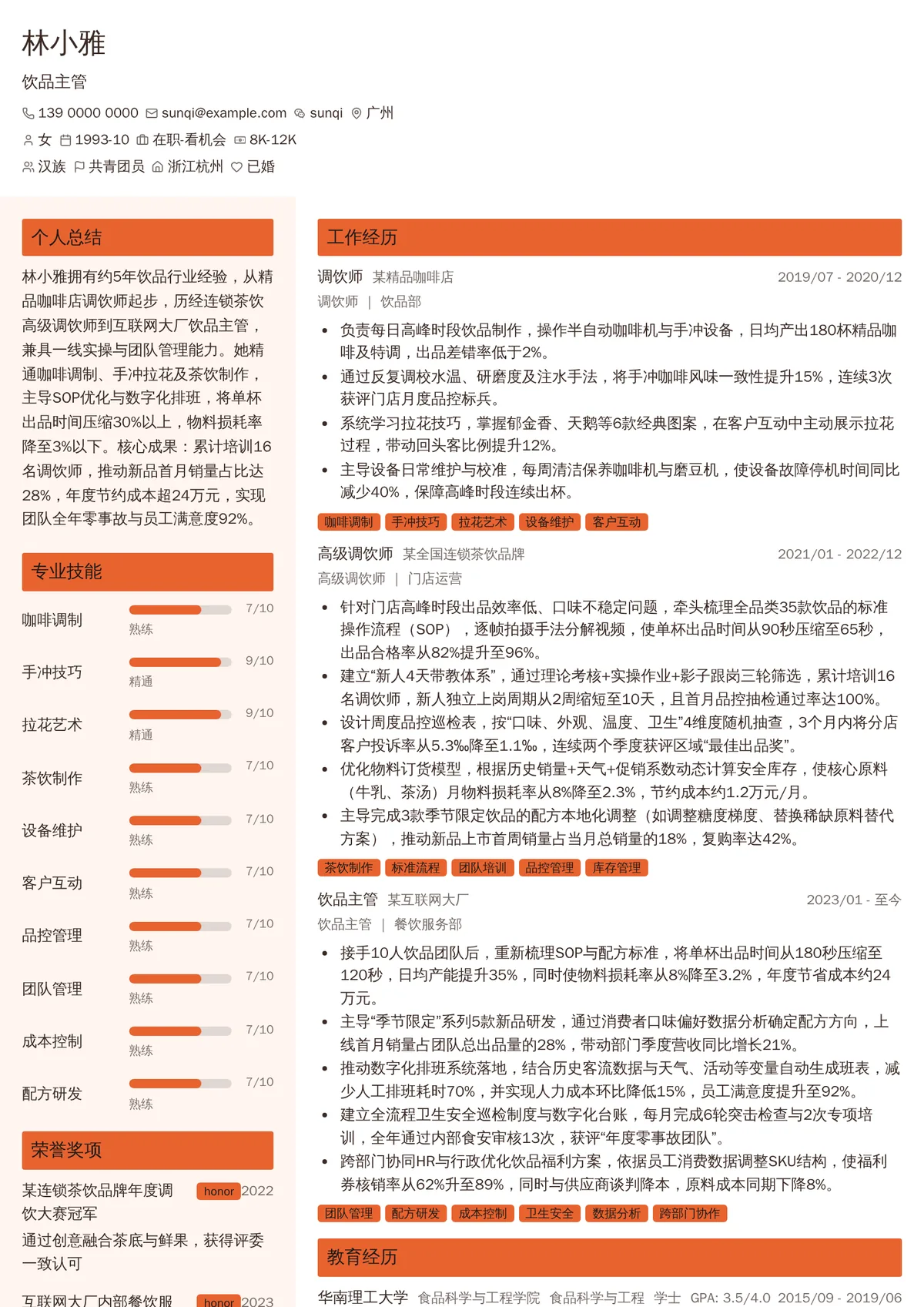2026年最新饮品主管简历模板