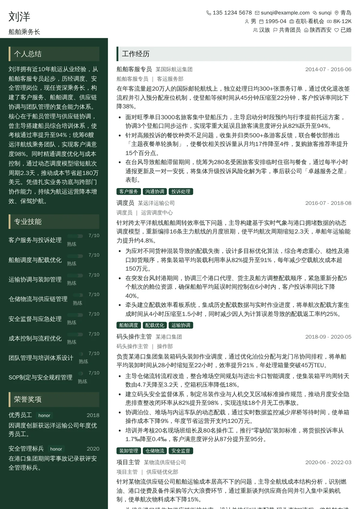 2026年最新船舶乘务长简历模板
