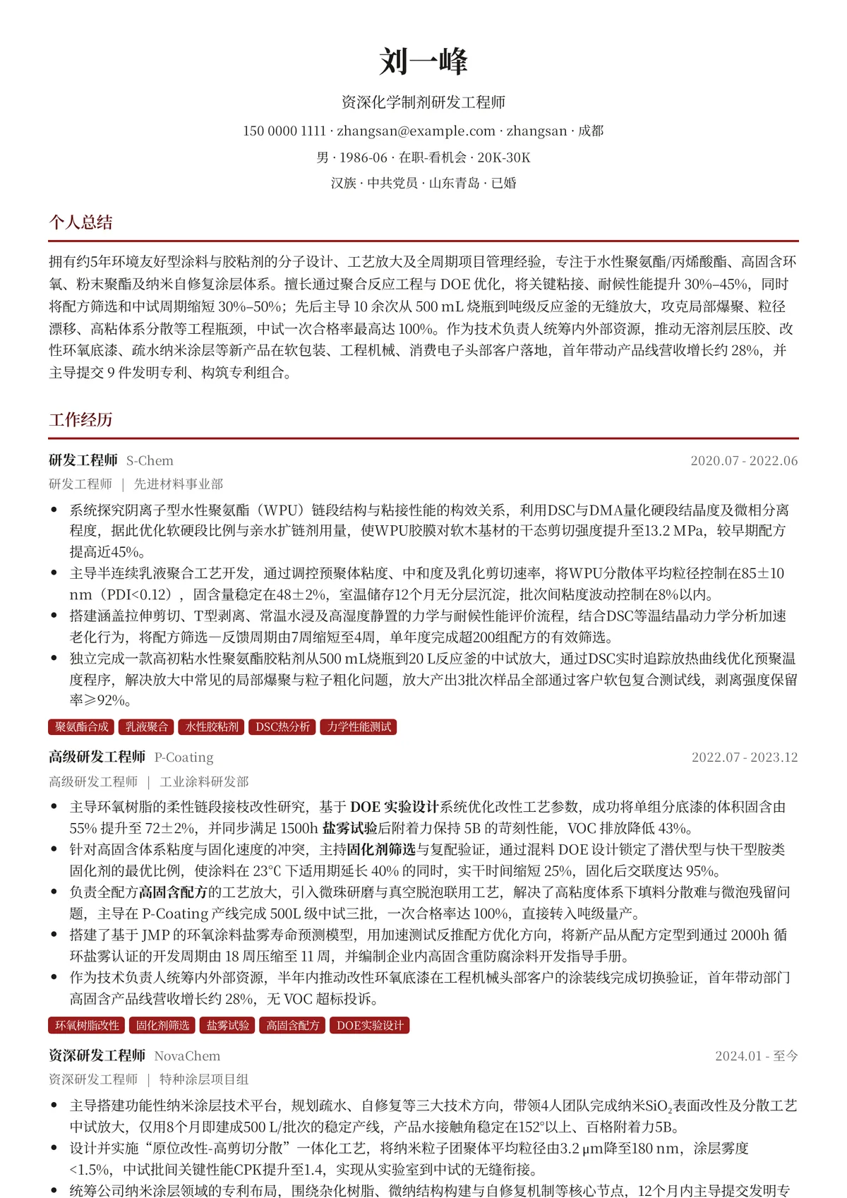 2026年最新资深化学制剂研发工程师简历模板