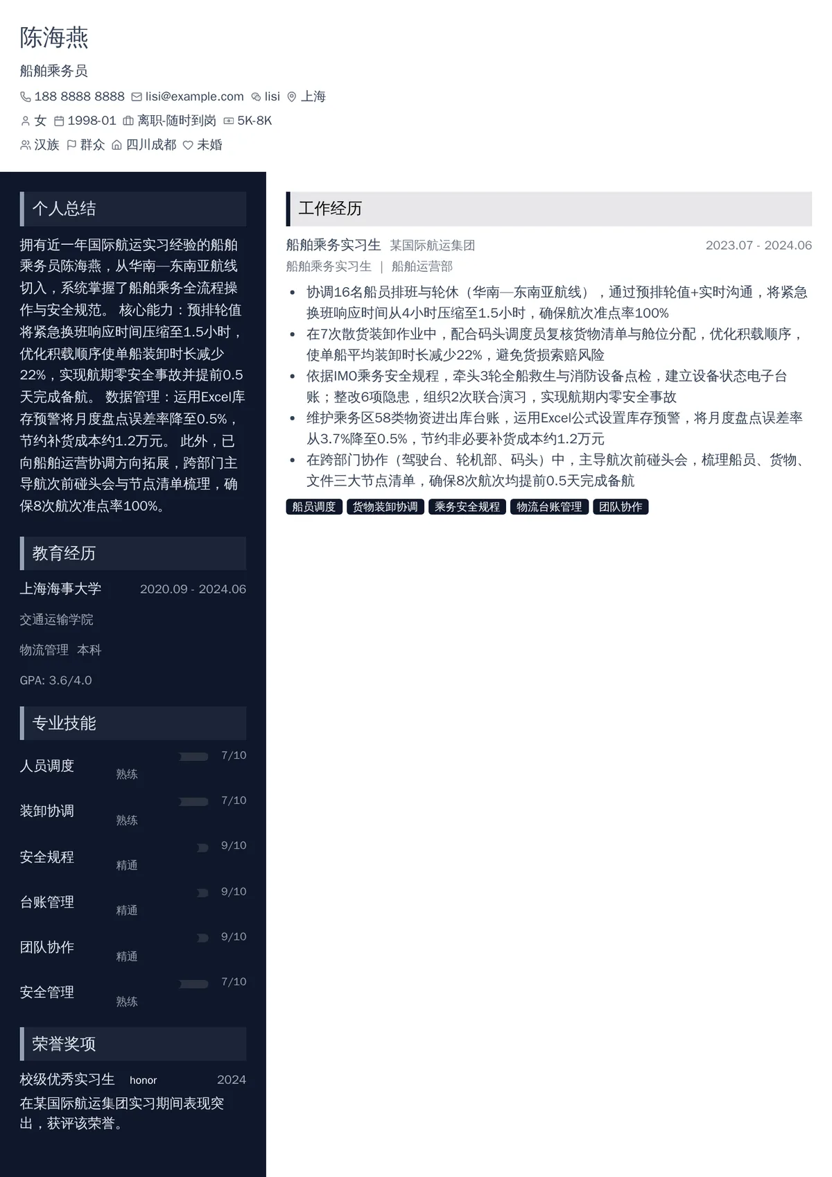 2026年最新初级船舶乘务员简历模板