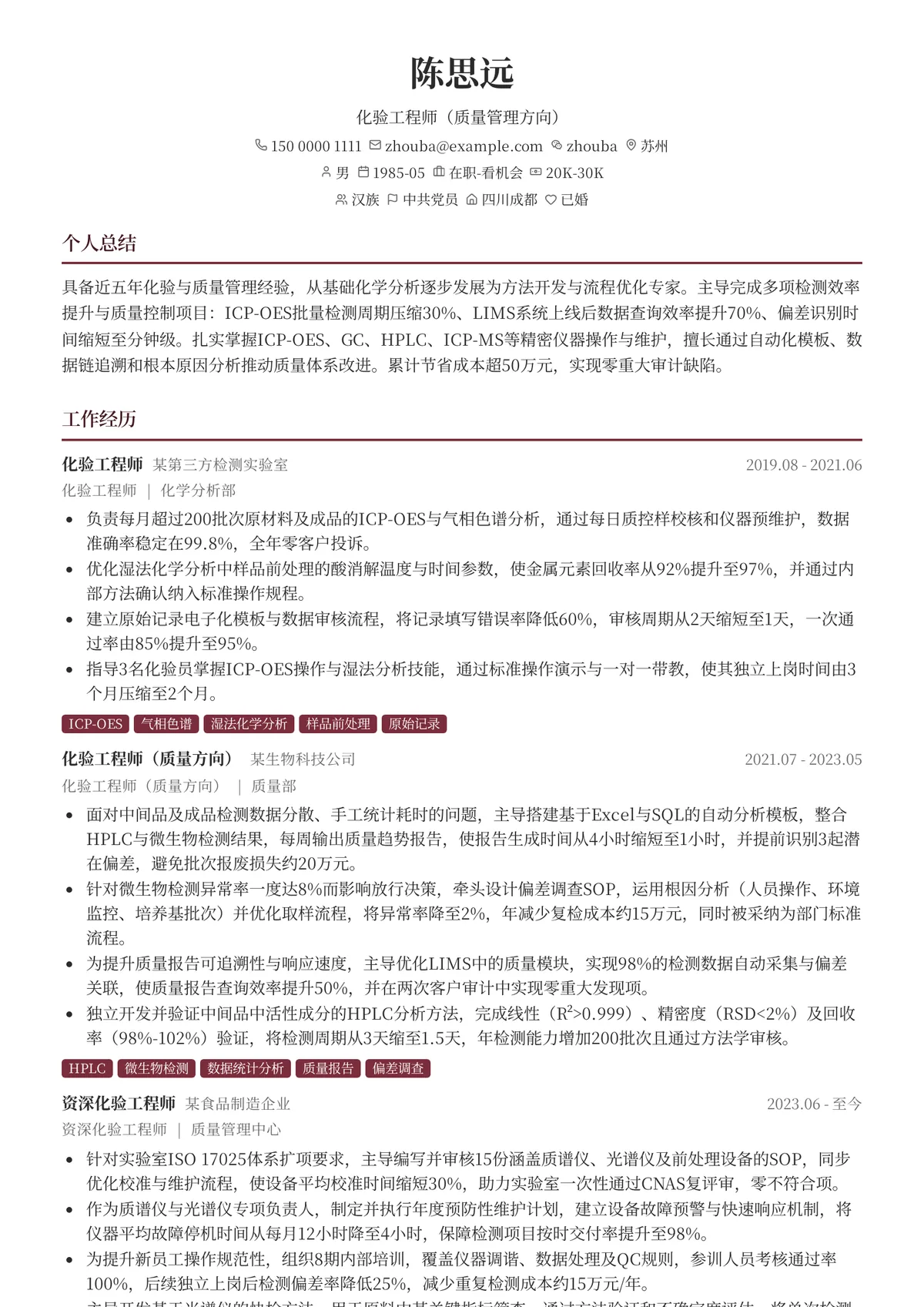2026年最新资深化验工程师（质量管理方向）简历模板