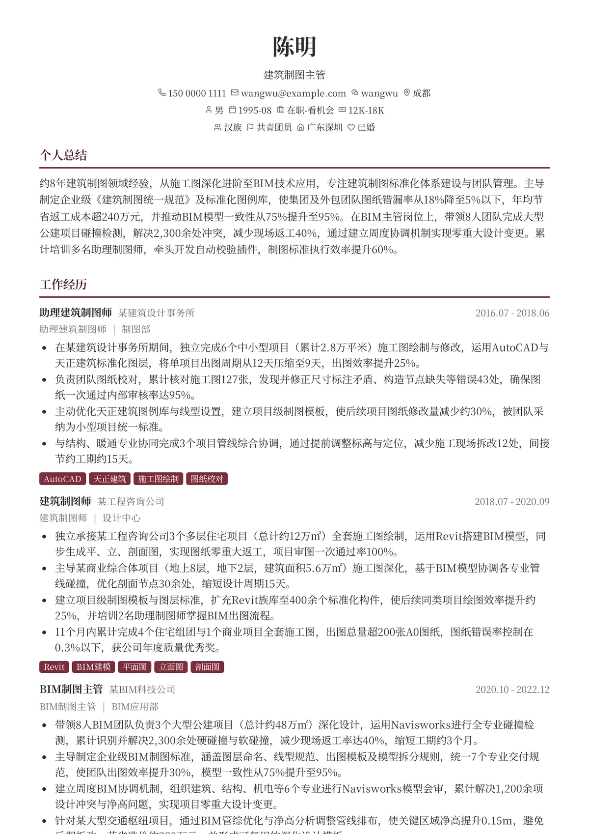 2026年最新建筑制图主管简历模板