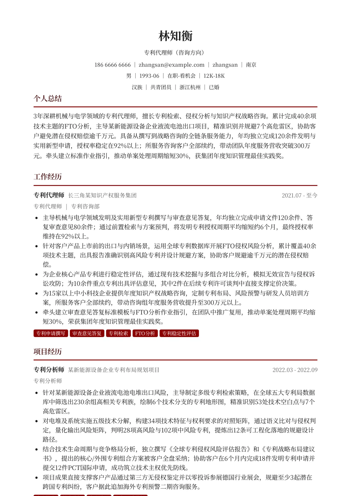 2026年最新专利代理师（咨询方向）简历模板