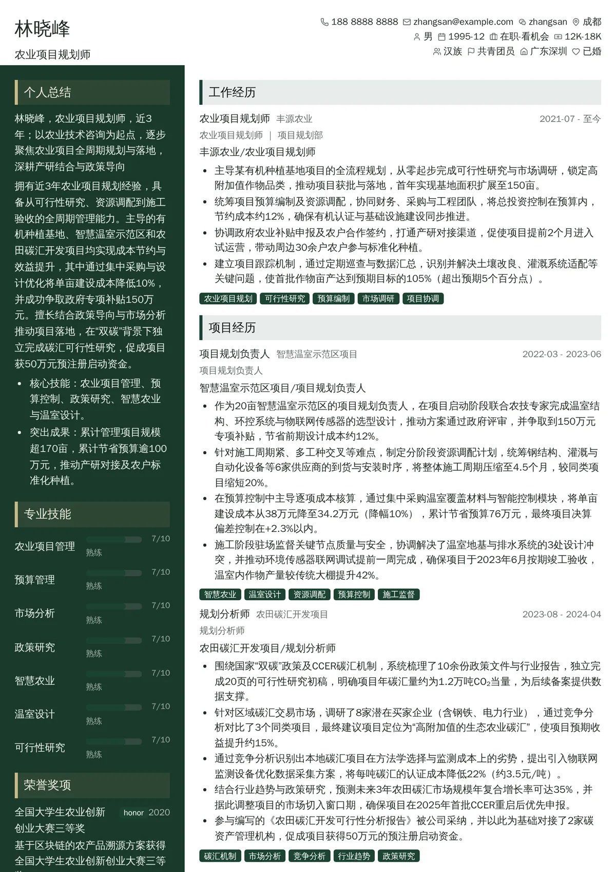 2026年最新农业项目规划师简历模板