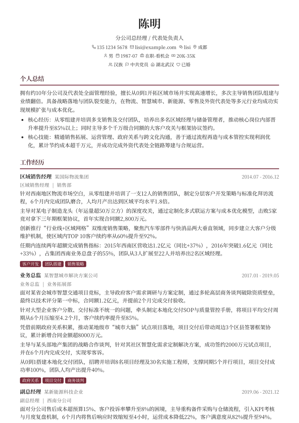 2026年最新分公司总经理/代表处负责人简历模板