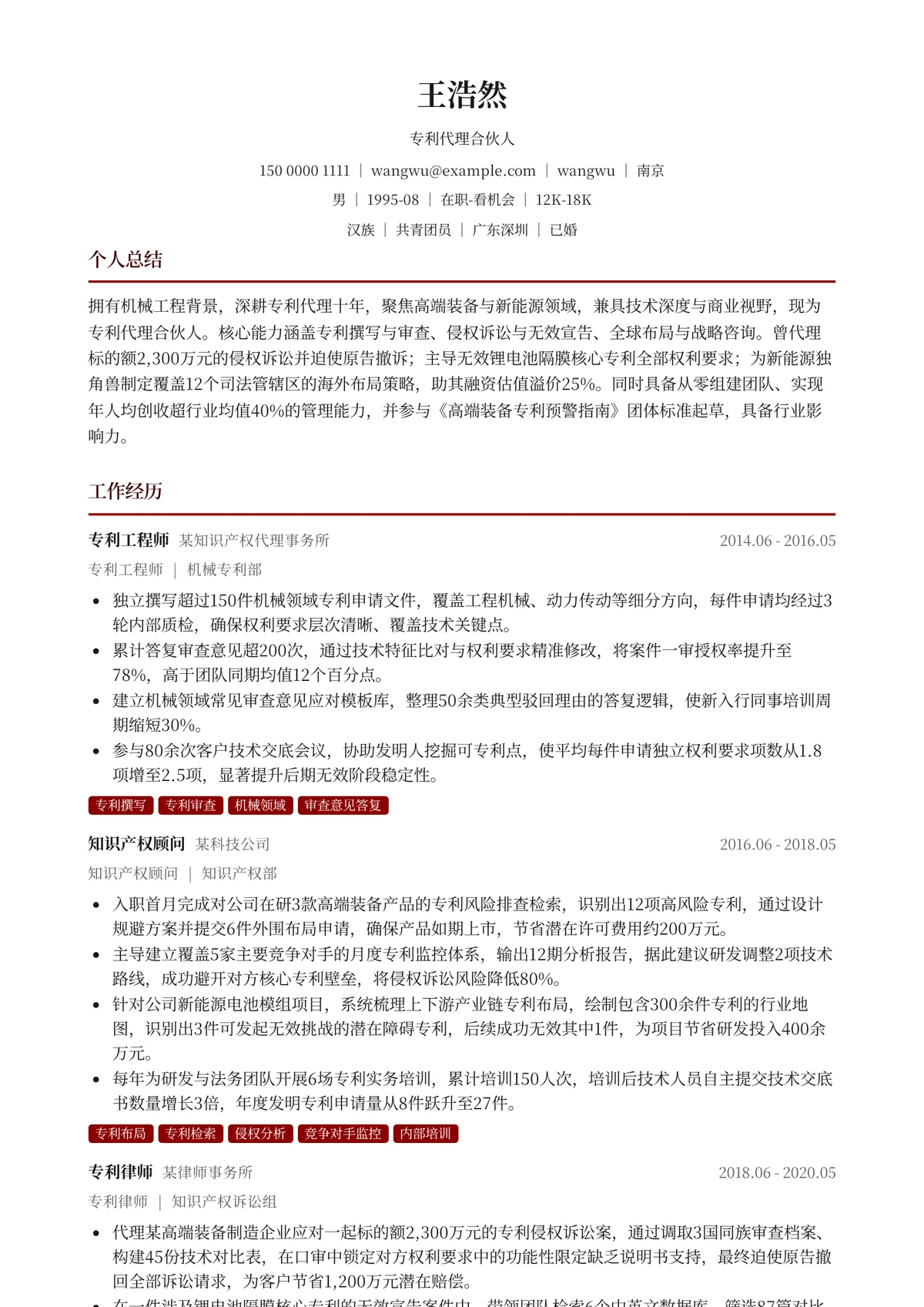 2026年最新专利代理合伙人简历模板