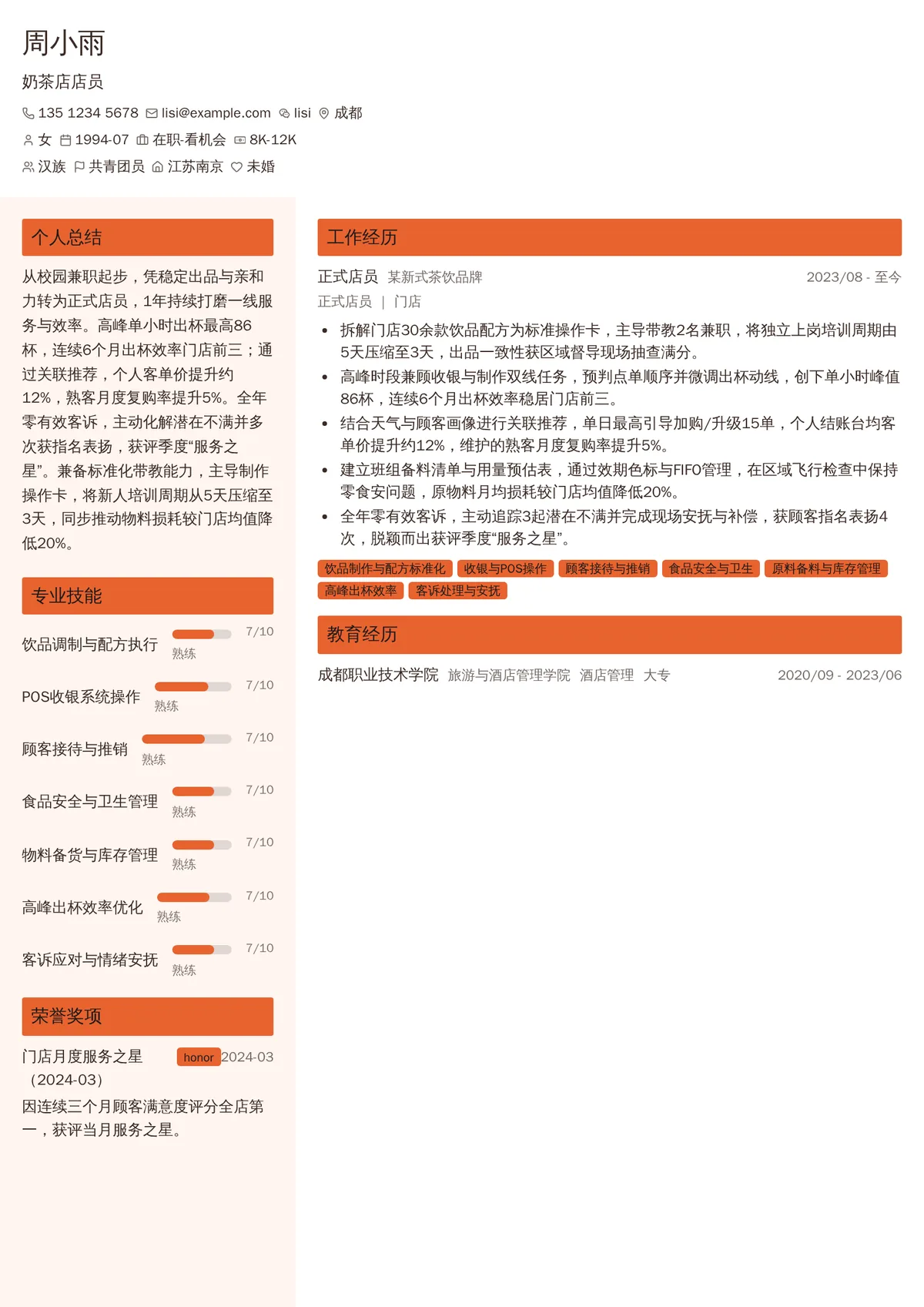 2026年最新奶茶店店员简历模板