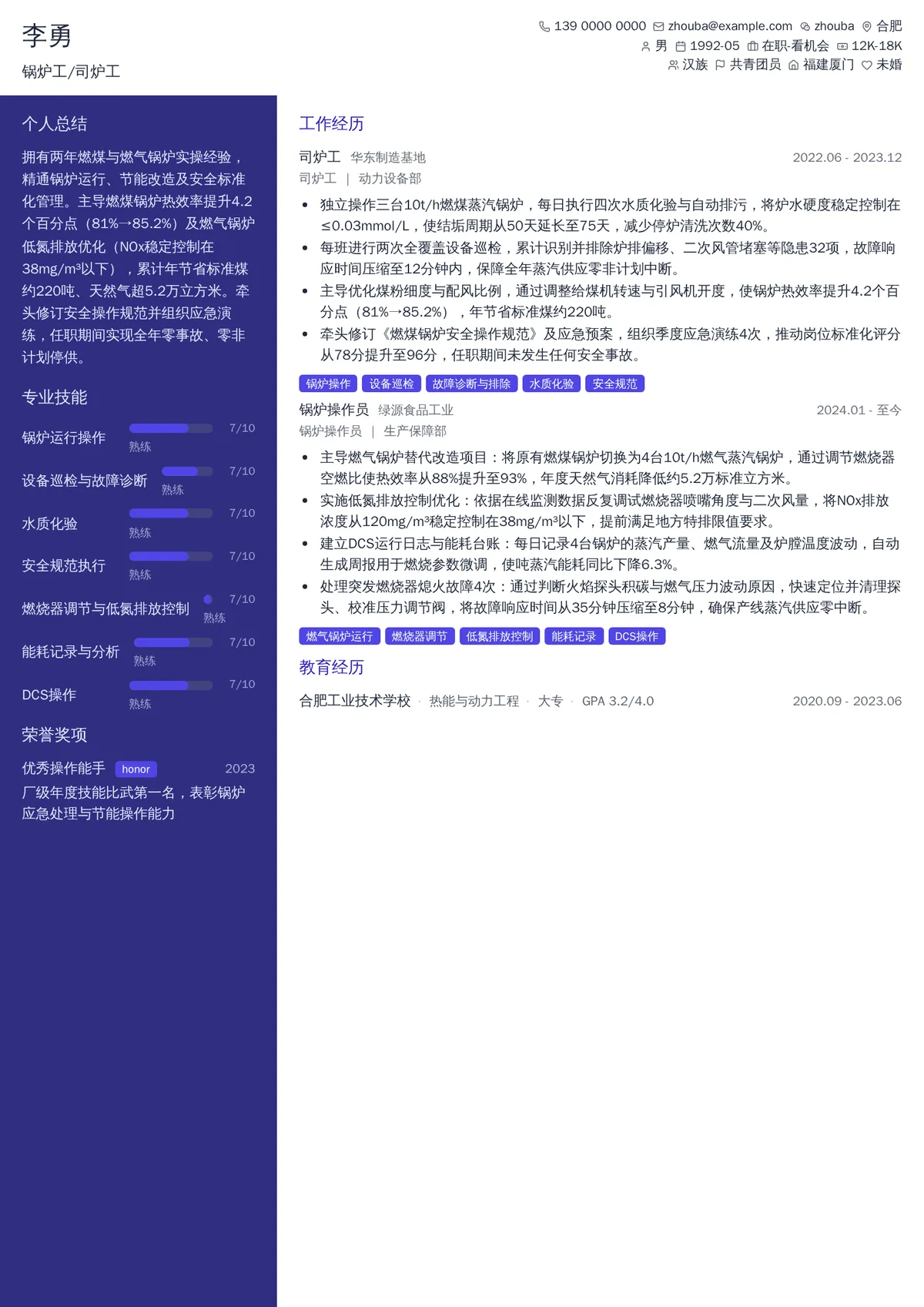 2026年最新锅炉工/司炉工简历模板