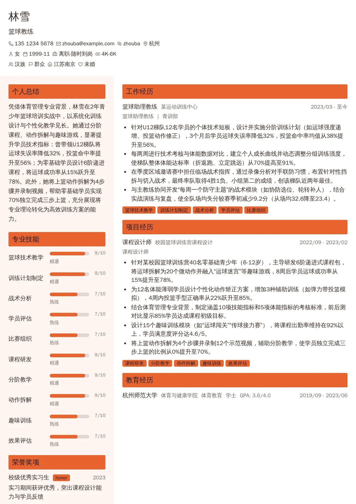 2026年最新初级篮球教练简历模板