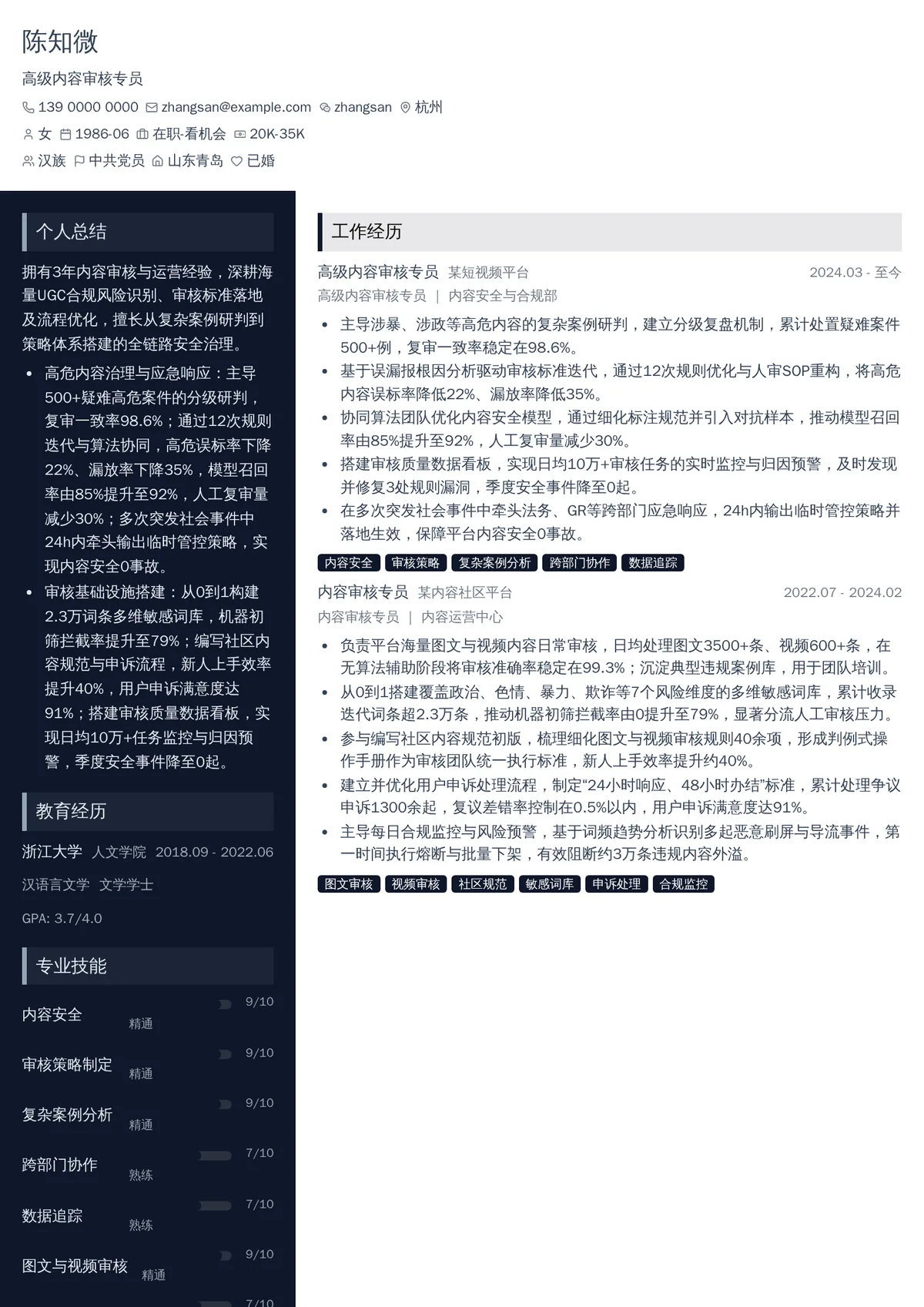 2026年最新高级内容审核专员简历模板