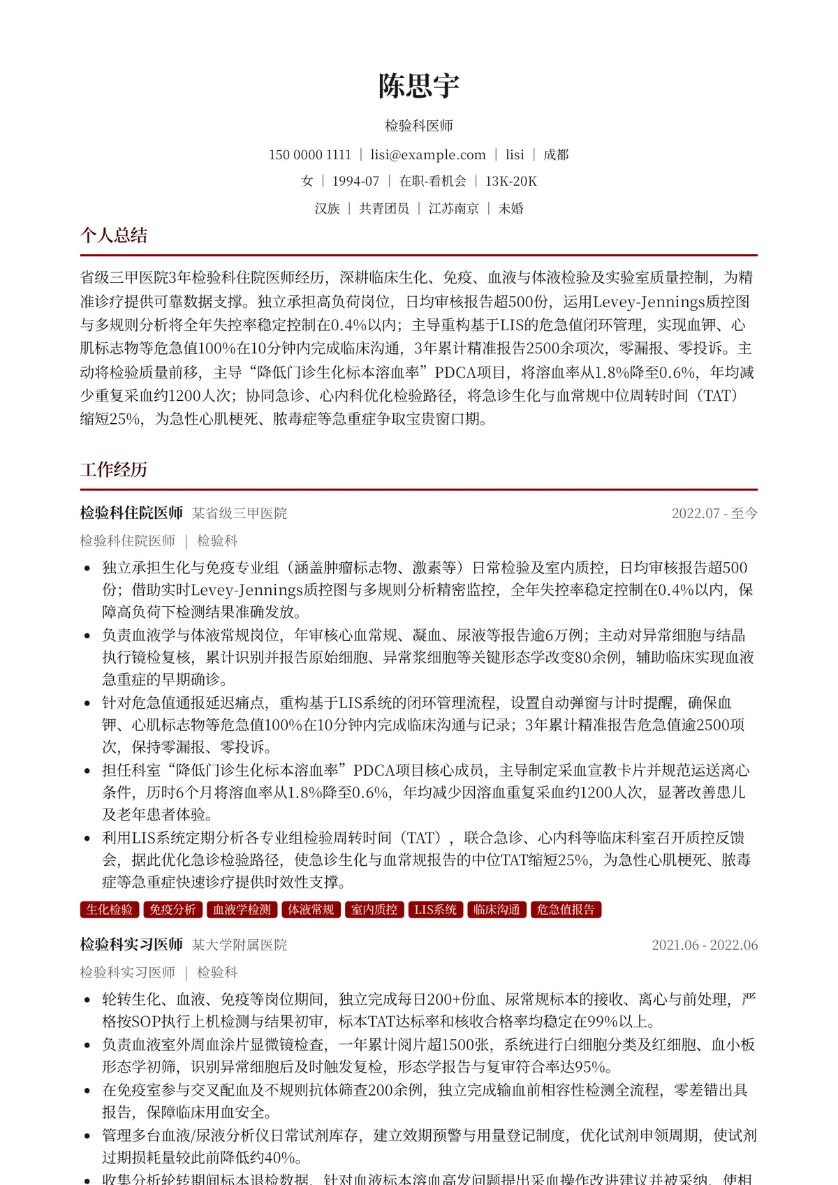 2026年最新检验科医师简历模板