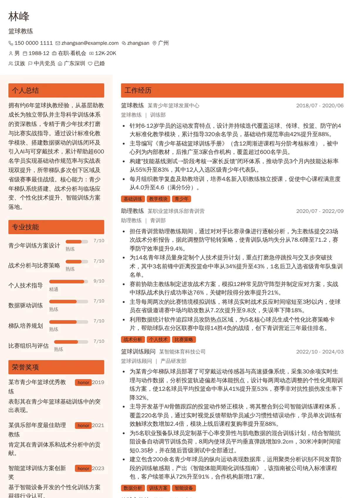 2026年最新资深篮球教练简历模板