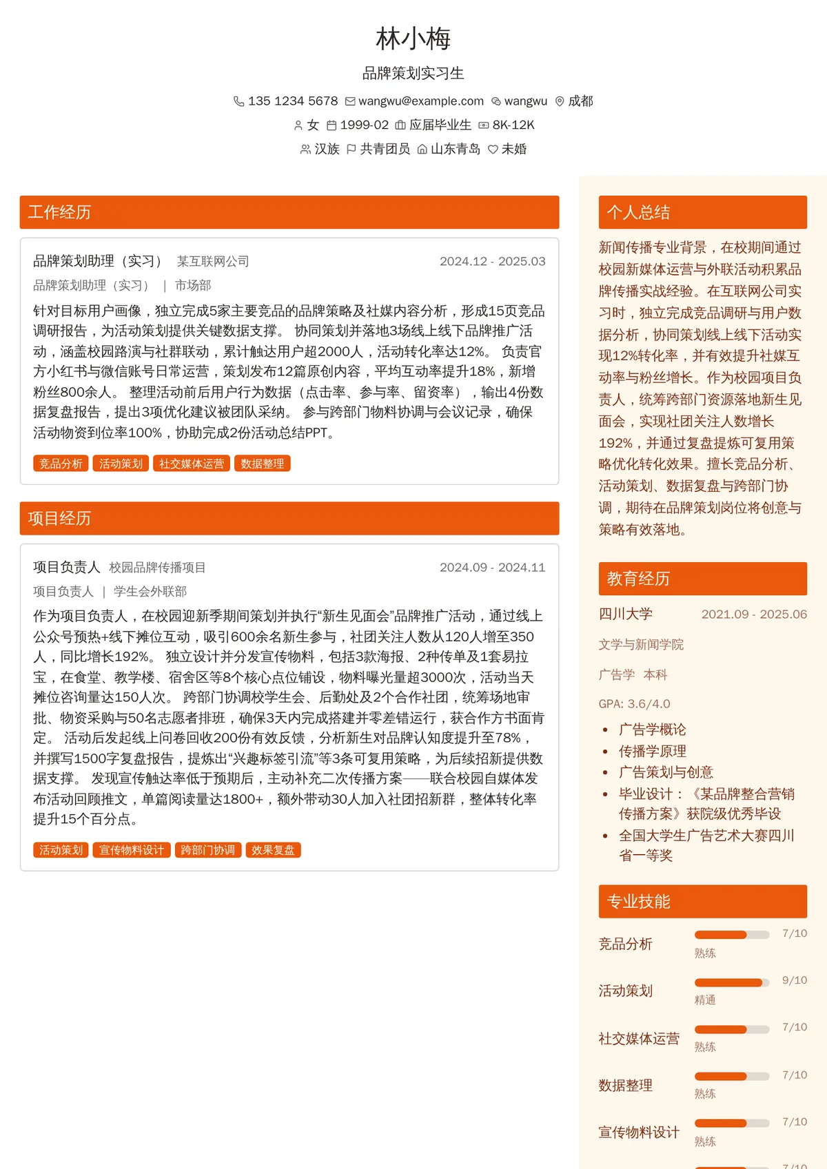 2026年最新品牌策划实习生简历模板