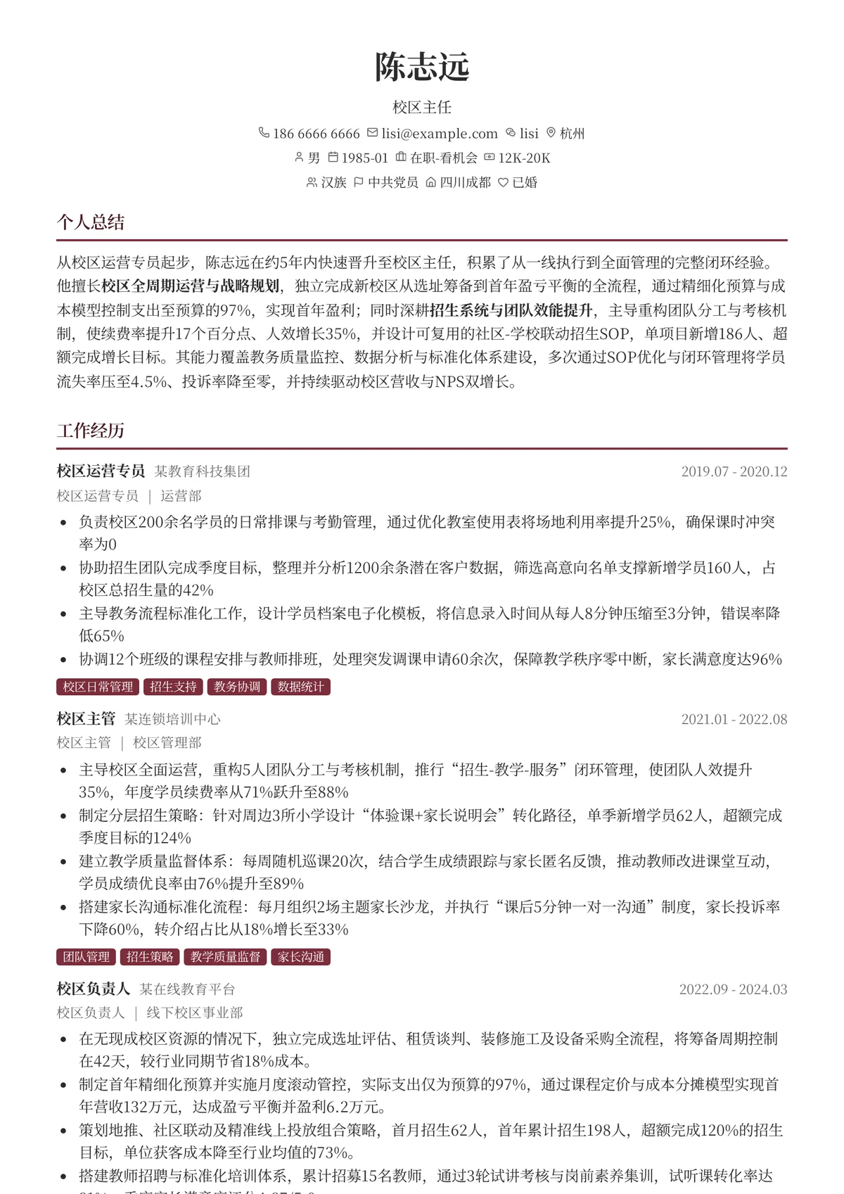 2026年最新校区主任简历模板