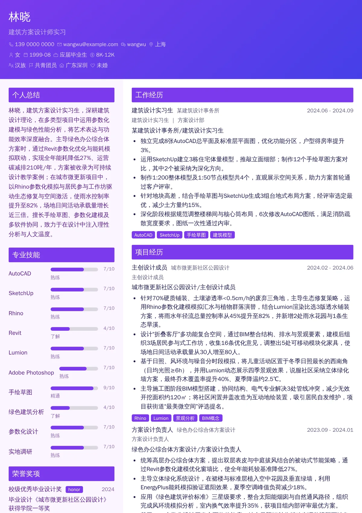 2026年最新建筑方案设计师实习简历模板