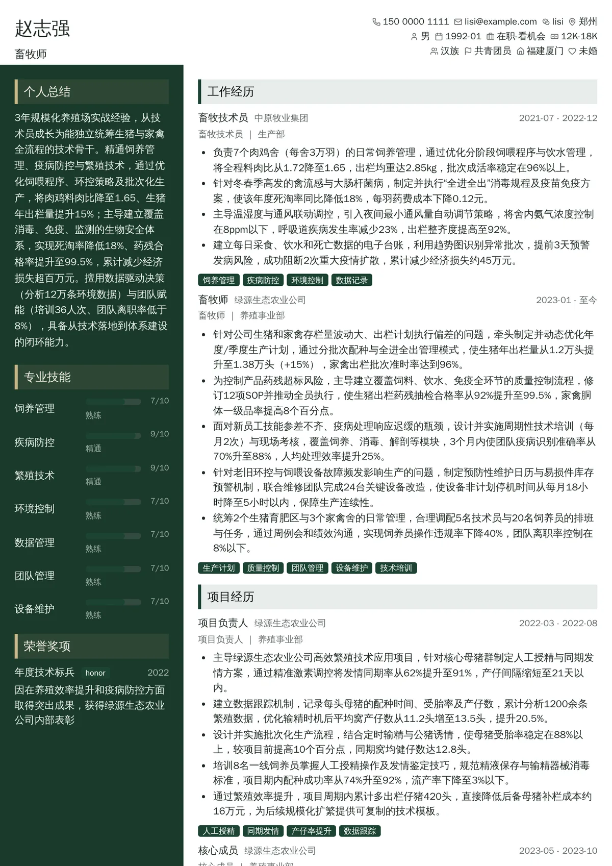 2026年最新中级畜牧师简历模板