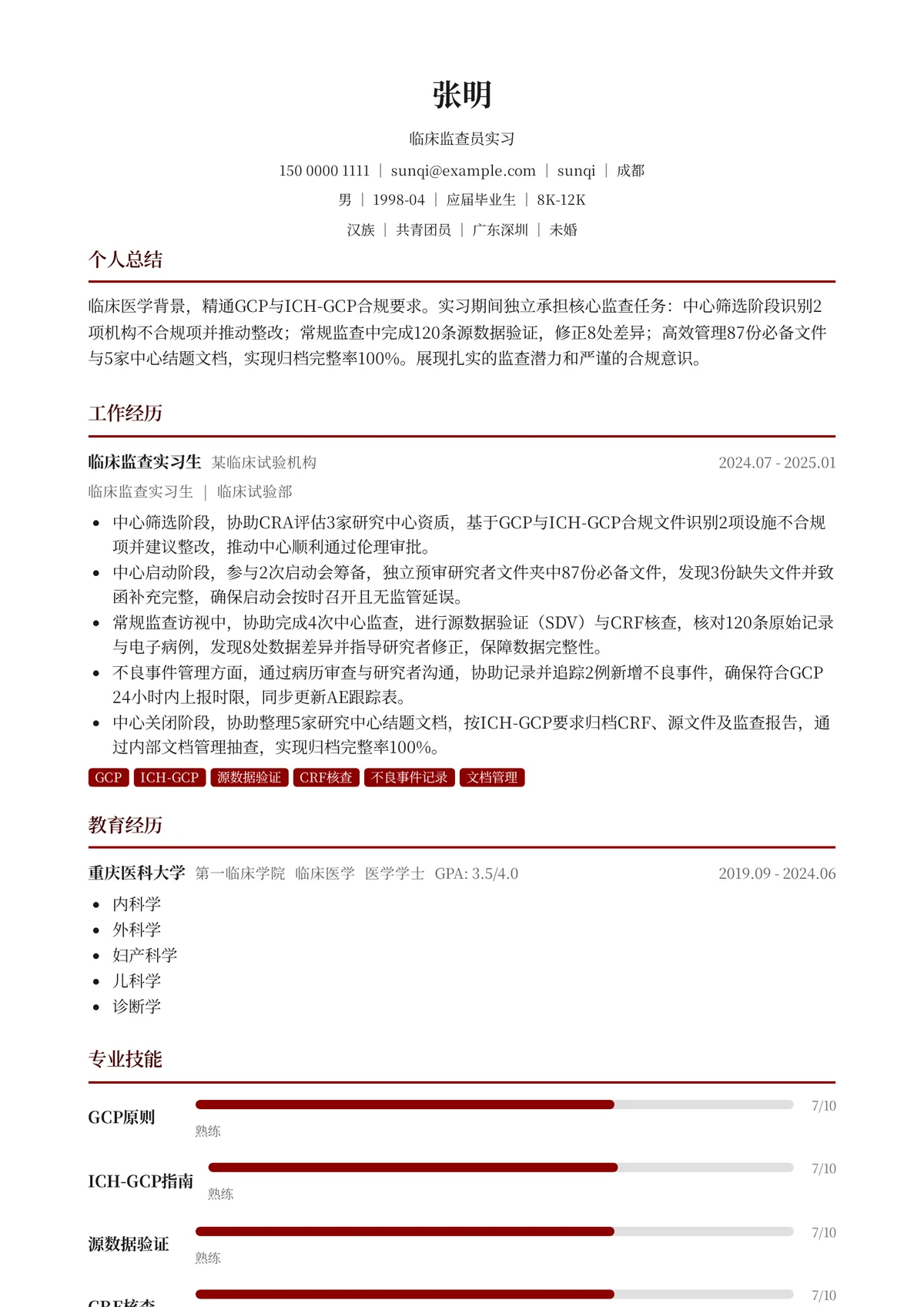 2026年最新临床监查员实习简历模板