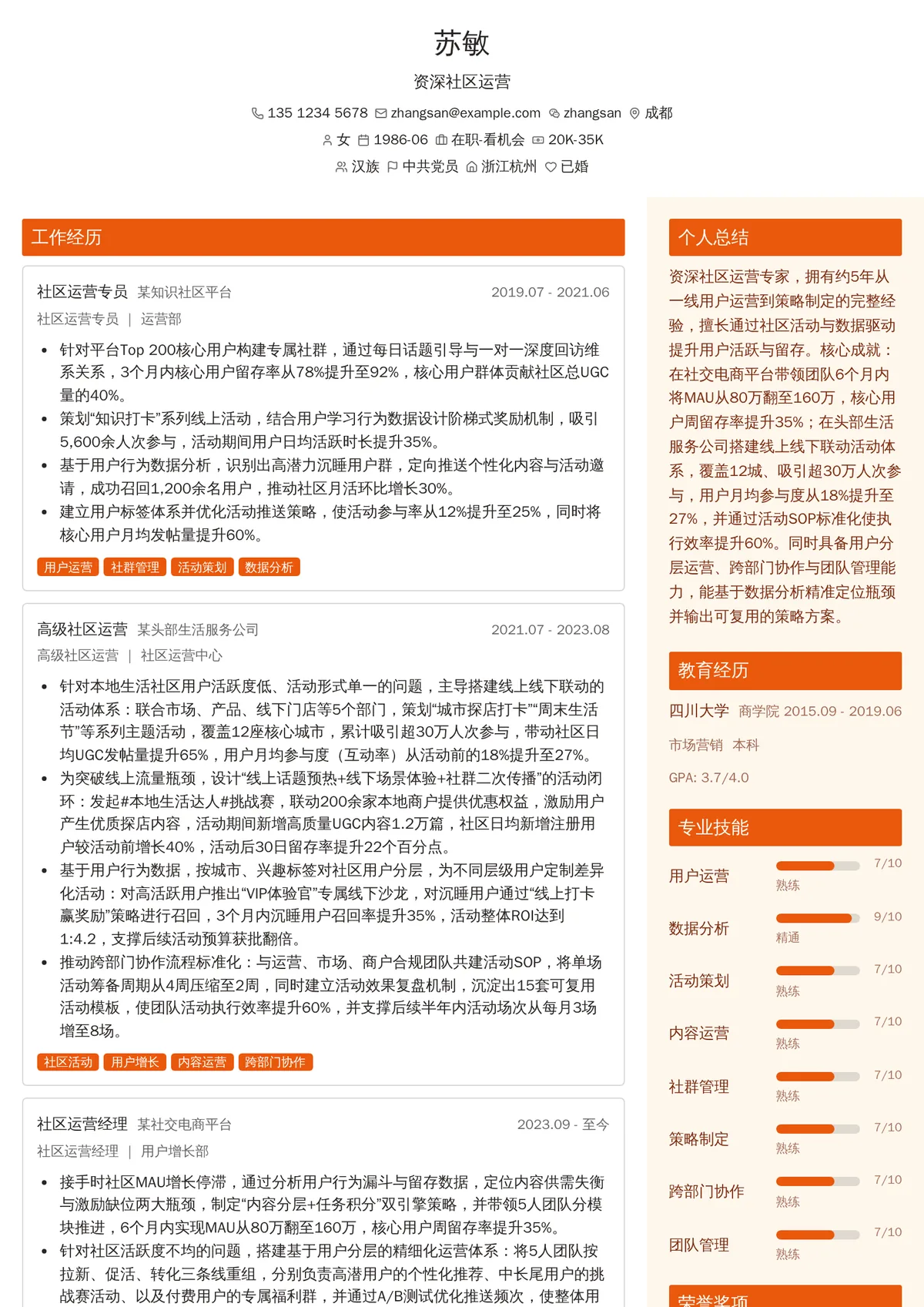 2026年最新资深社区运营简历模板