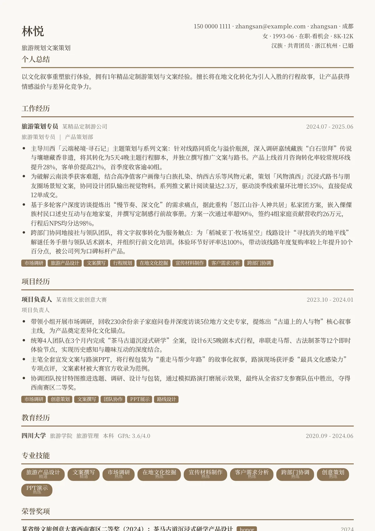 2026年最新旅游规划文案策划简历模板