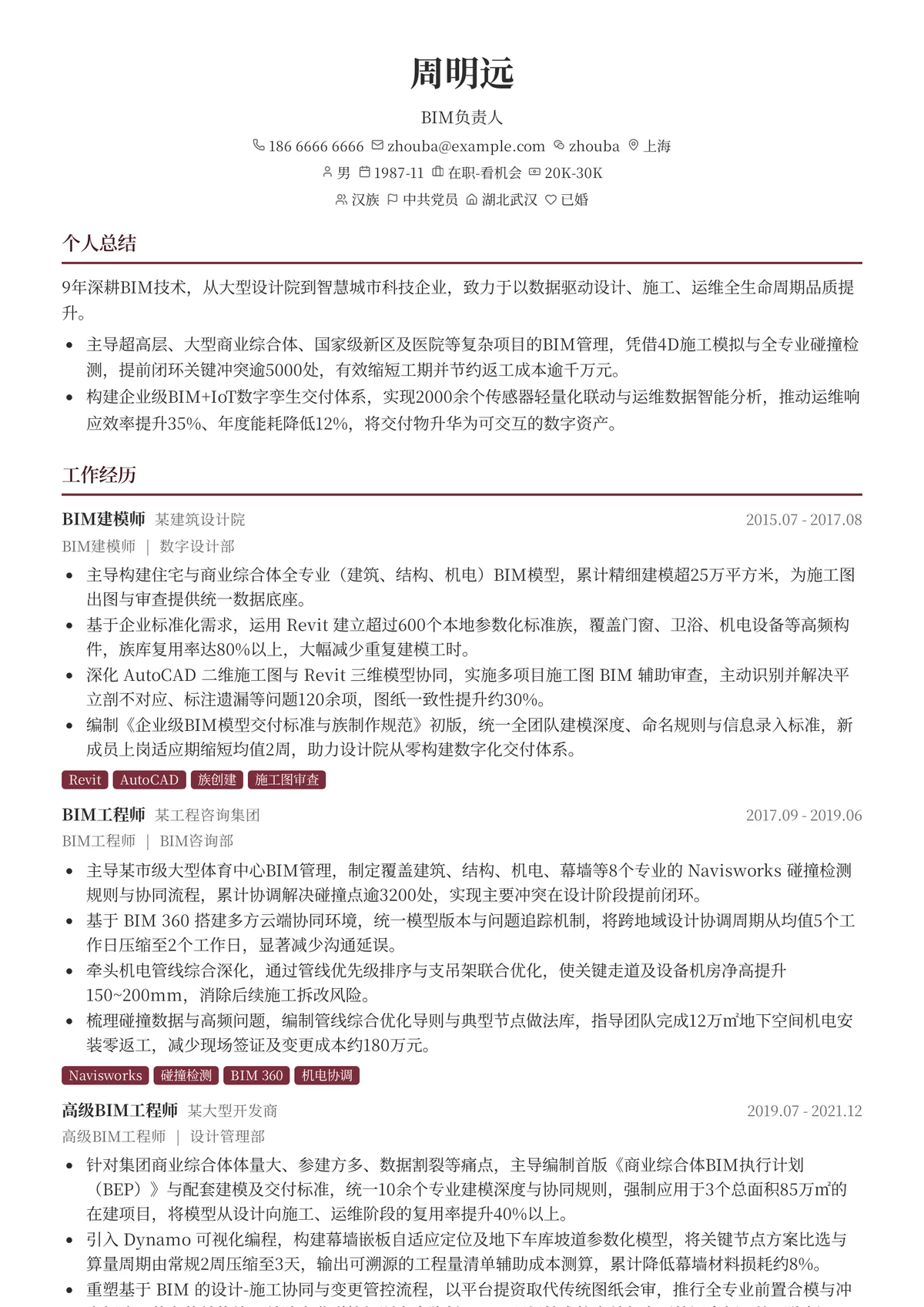 2026年最新BIM负责人简历模板