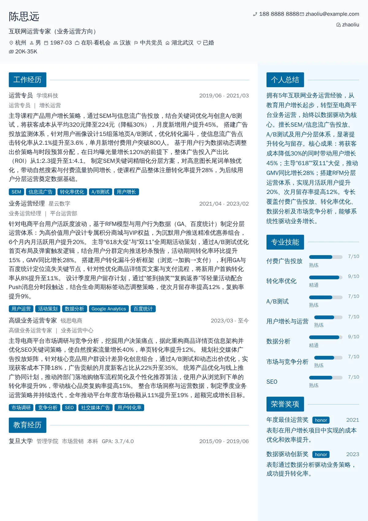 2026年最新互联网运营专家（业务运营方向）简历模板