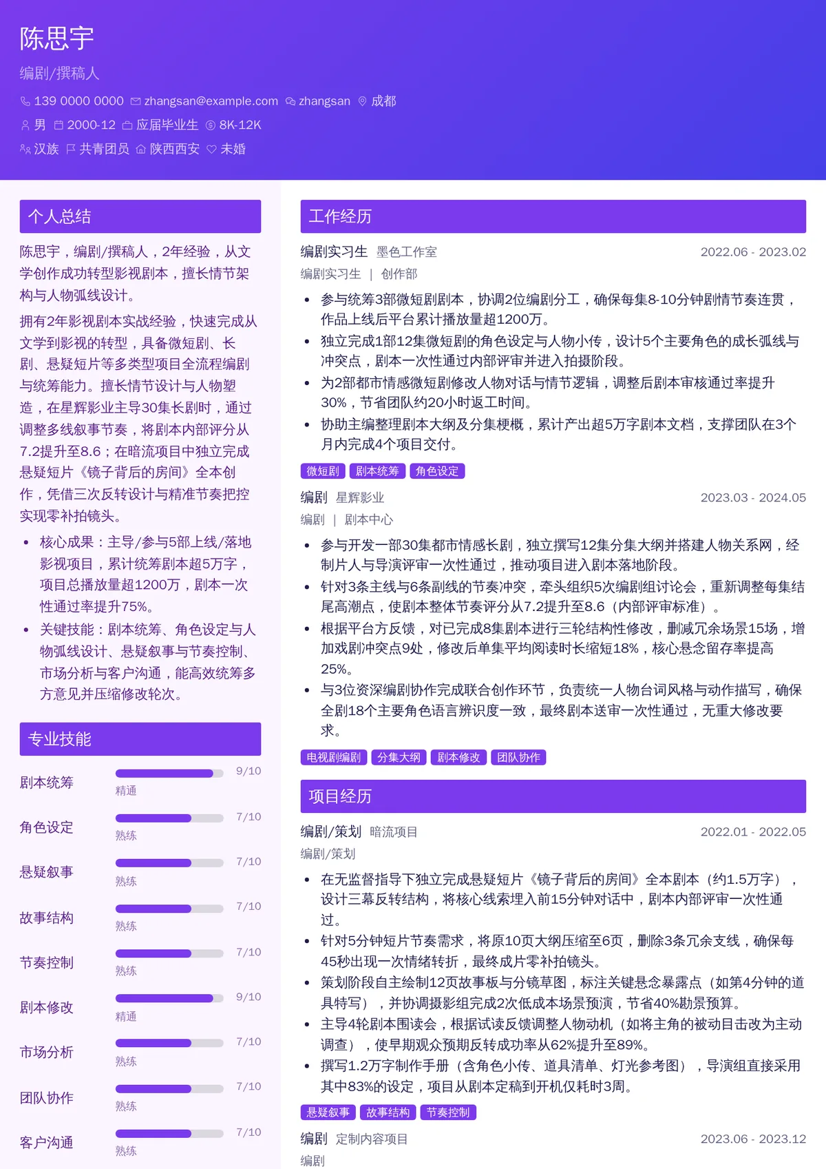 2026年最新初级编剧/撰稿人简历模板