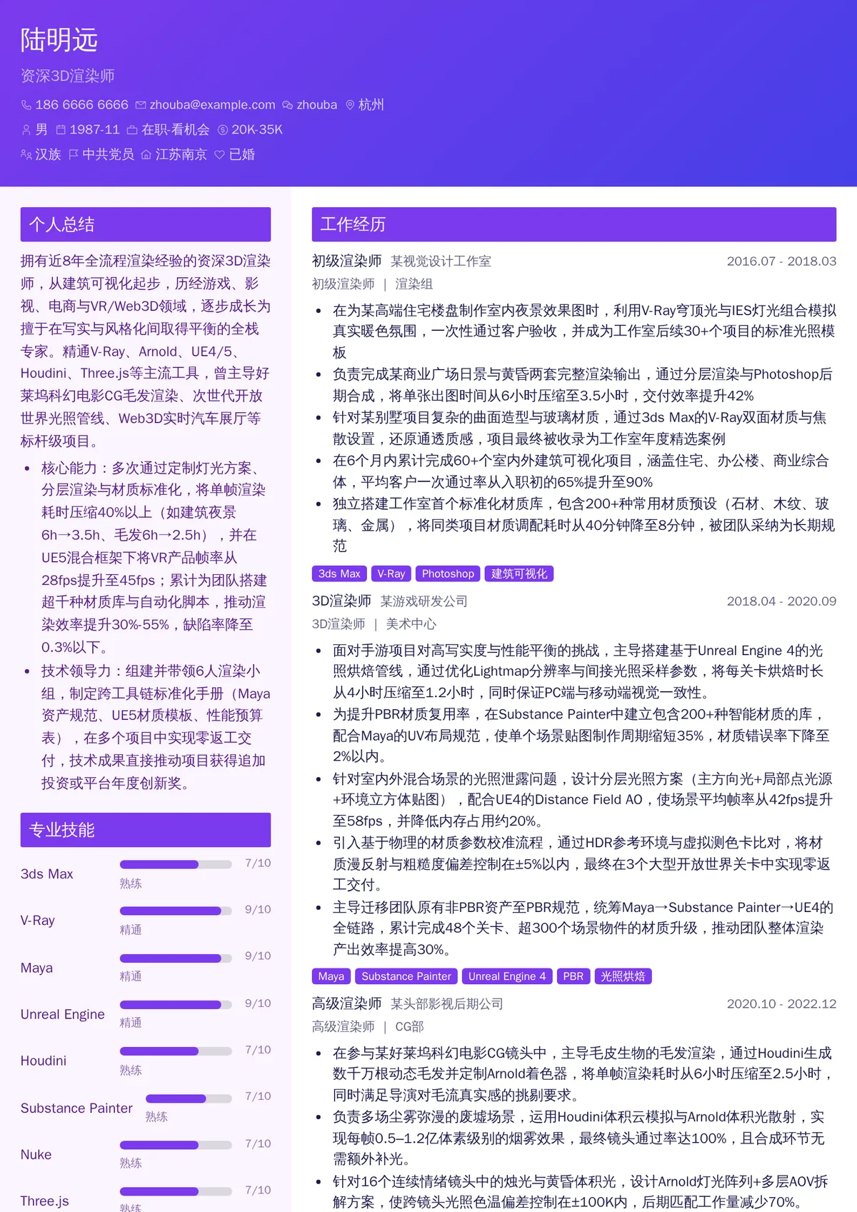 2026年最新资深3D渲染师简历模板