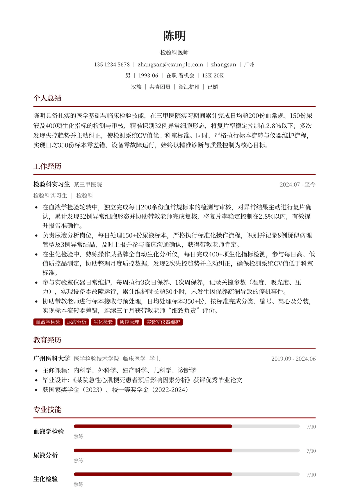 2026年最新检验科医师简历模板