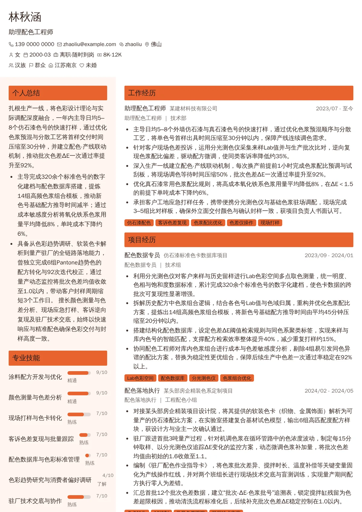 2026年最新助理配色工程师简历模板