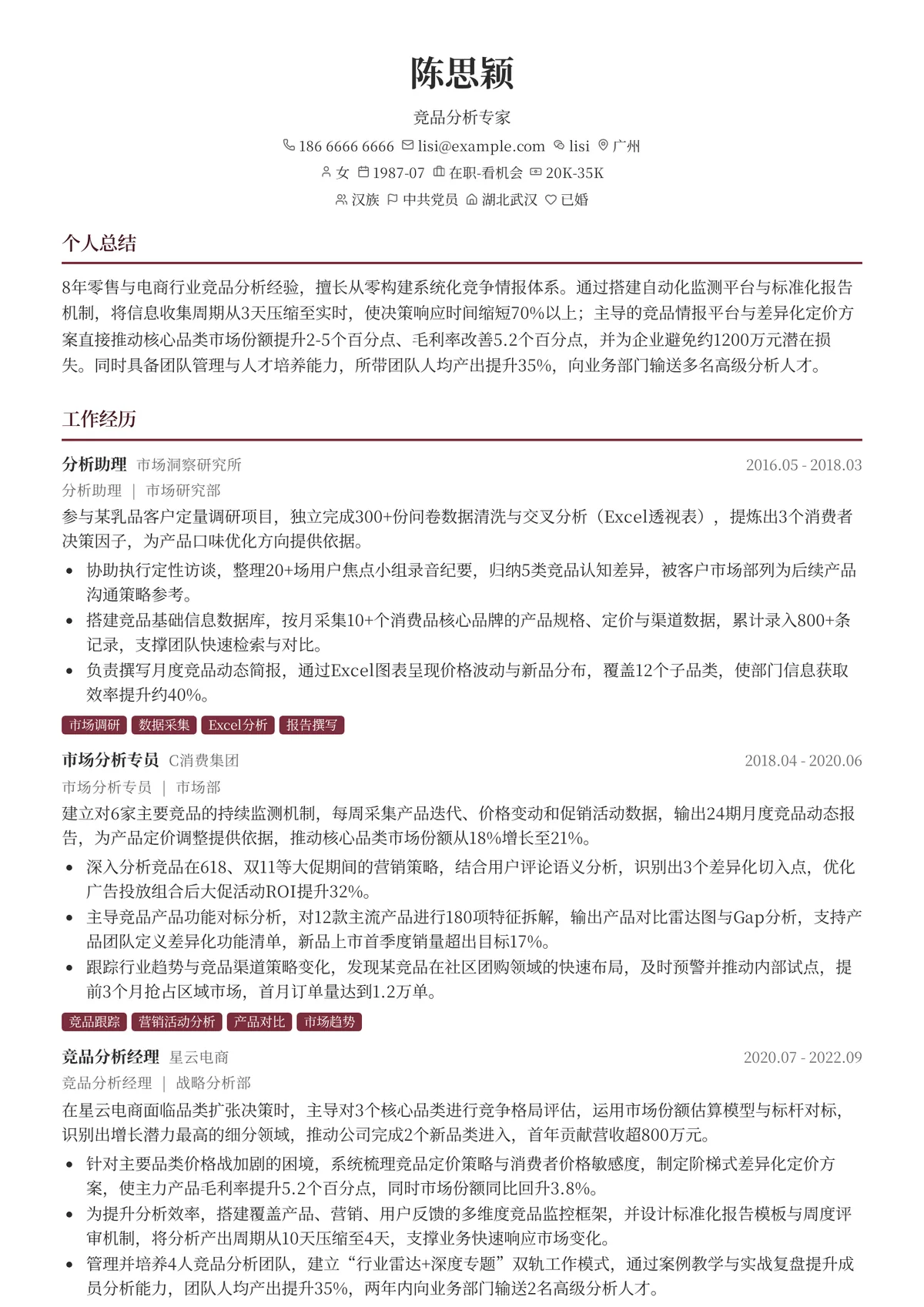 2026年最新竞品分析专家简历模板