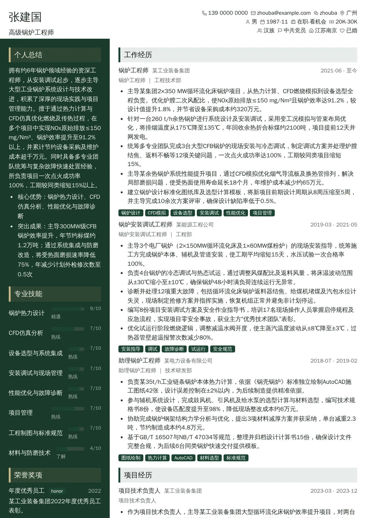 2026年最新高级锅炉工程师简历模板