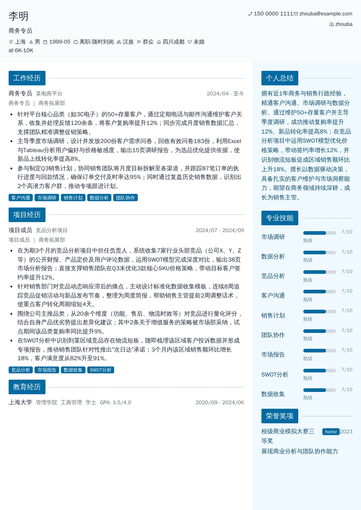 2026年最新初级商务专员简历模板
