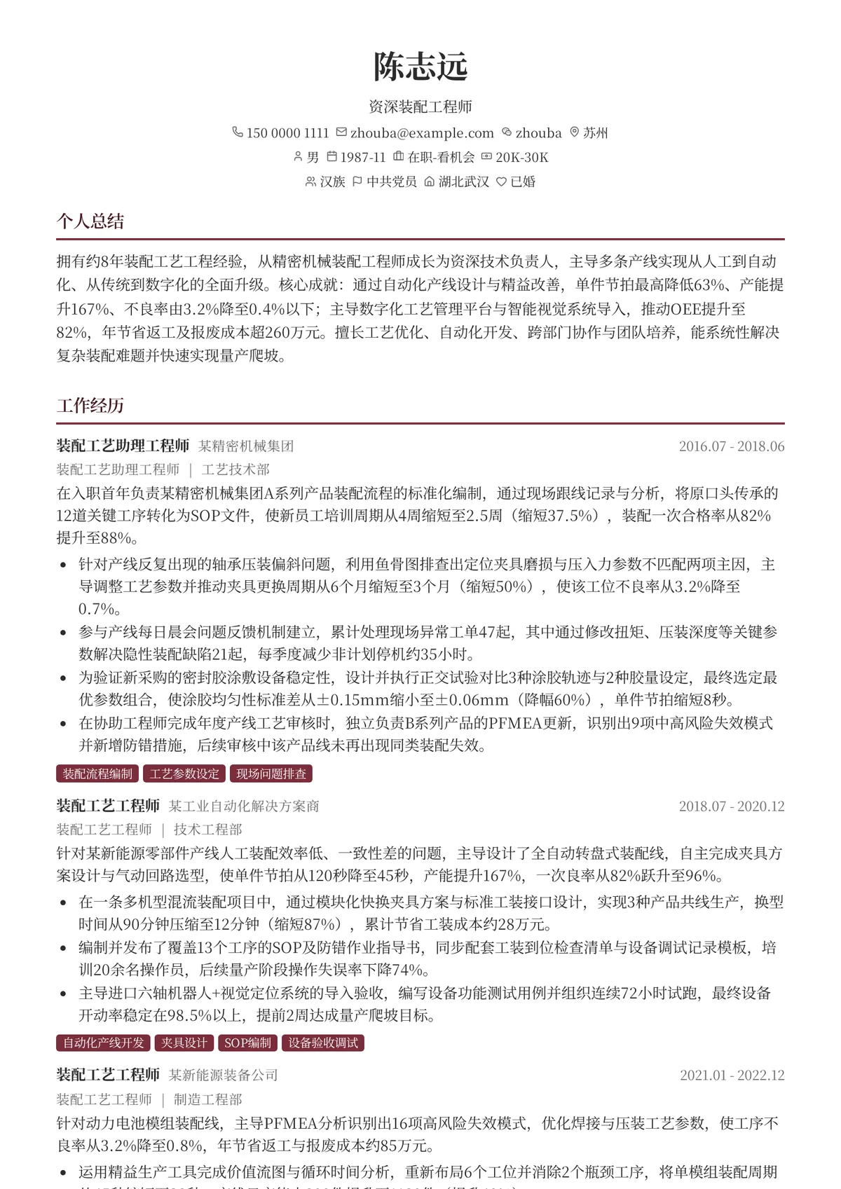 2026年最新资深装配工程师简历模板