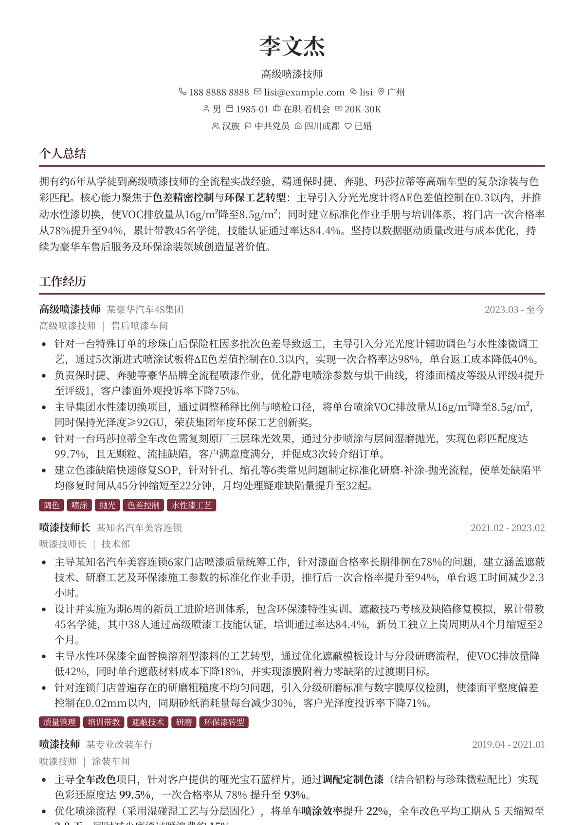 2026年最新高级喷漆技师简历模板